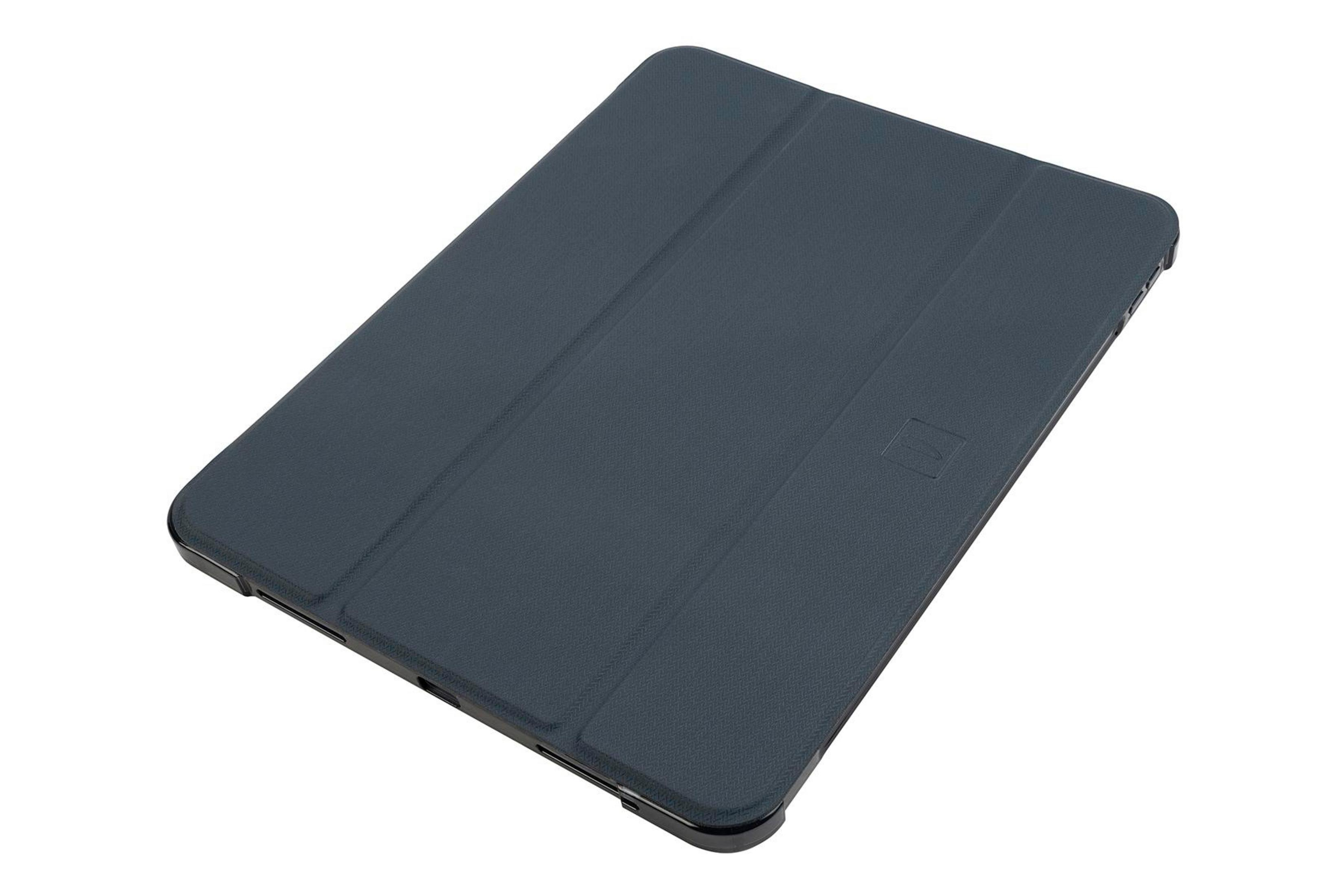 Una funda de tableta azul oscuro sobre un fondo blanco. La funda parece cerrada y tiene un logotipo.