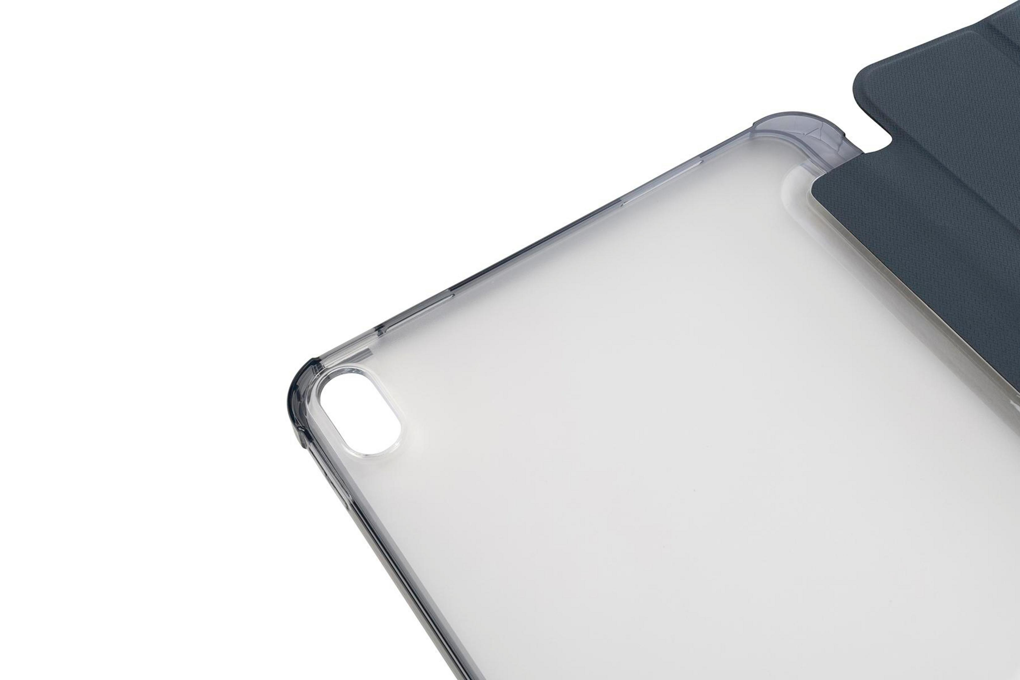 Funda transparente para iPad, con una cubierta azul. Fondo blanco.