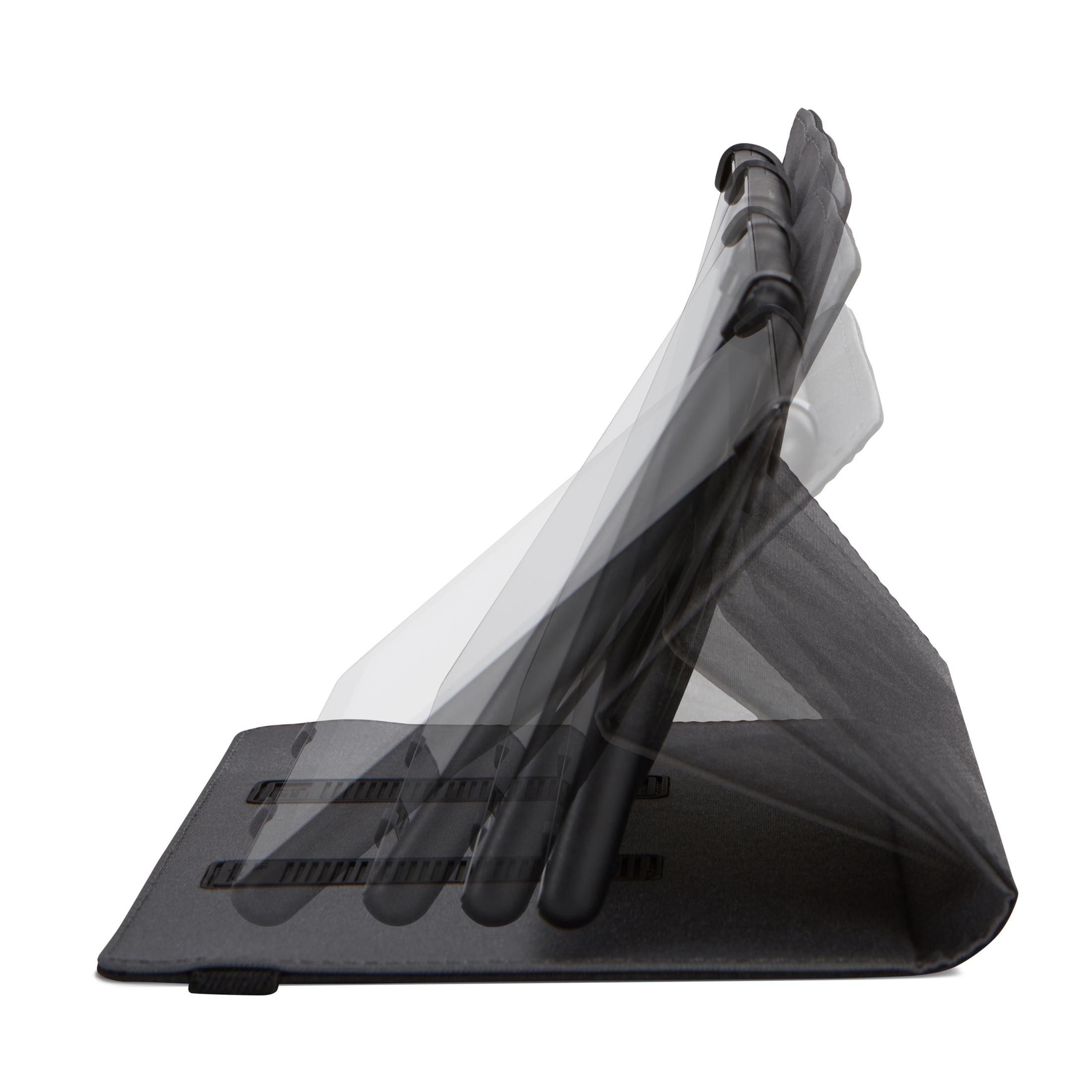 Custodia per tablet nera in movimento di piegatura, che mostra le diverse posizioni che il supporto può assumere.