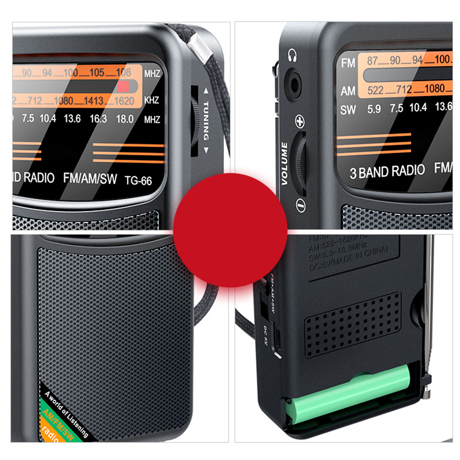 Nahaufnahmen eines schwarzen tragbaren Radios, mit Bedienelementen, Display und Batteriefach.