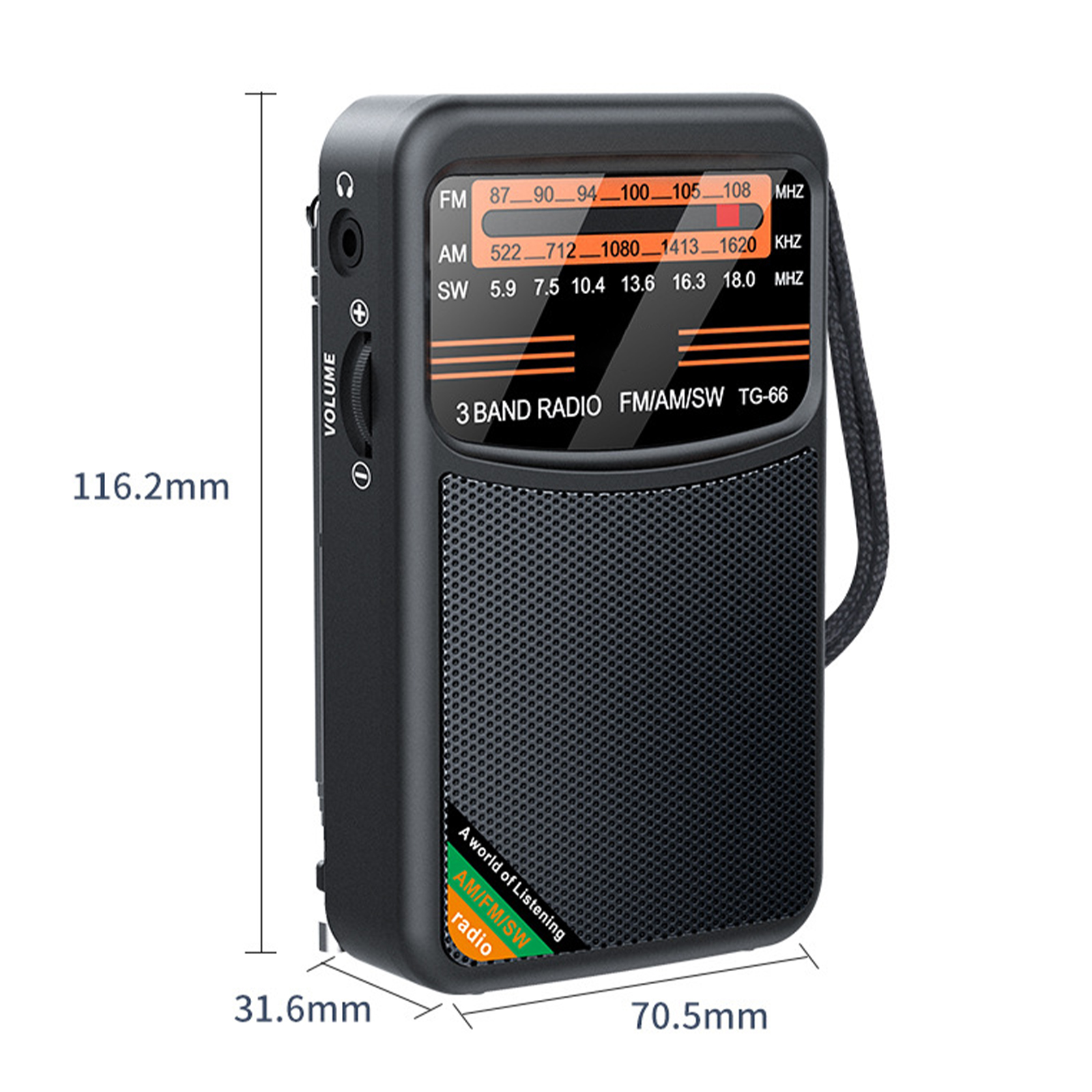 Schwarzes Radio mit Abmessungen, zeigt 116,2 mm Höhe, 70,5 mm Breite und 31,6 mm Tiefe.
