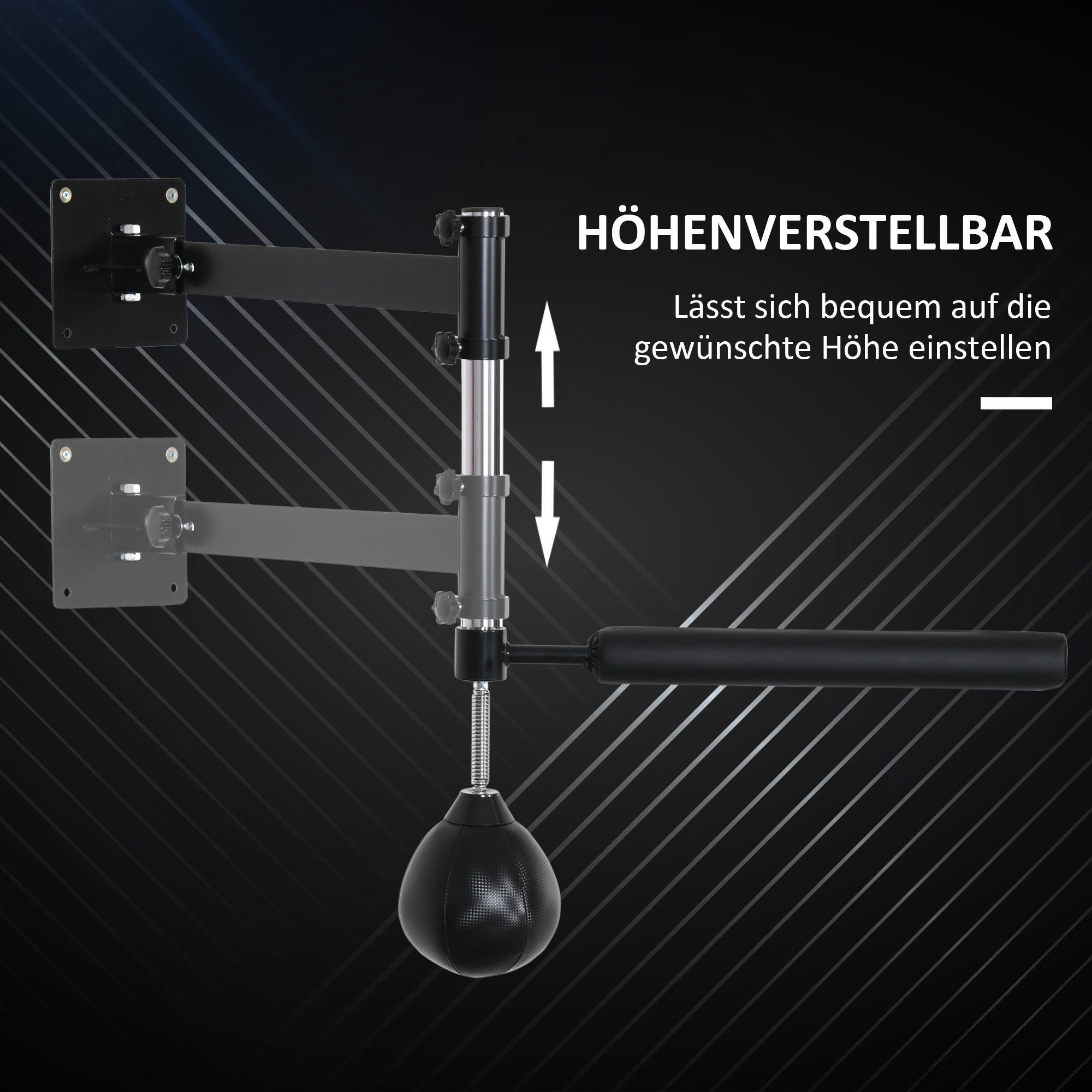 Wandmontiertes Boxsack-Setup, mit höhenverstellbarer Funktion und einem schwarzen Boxsack.