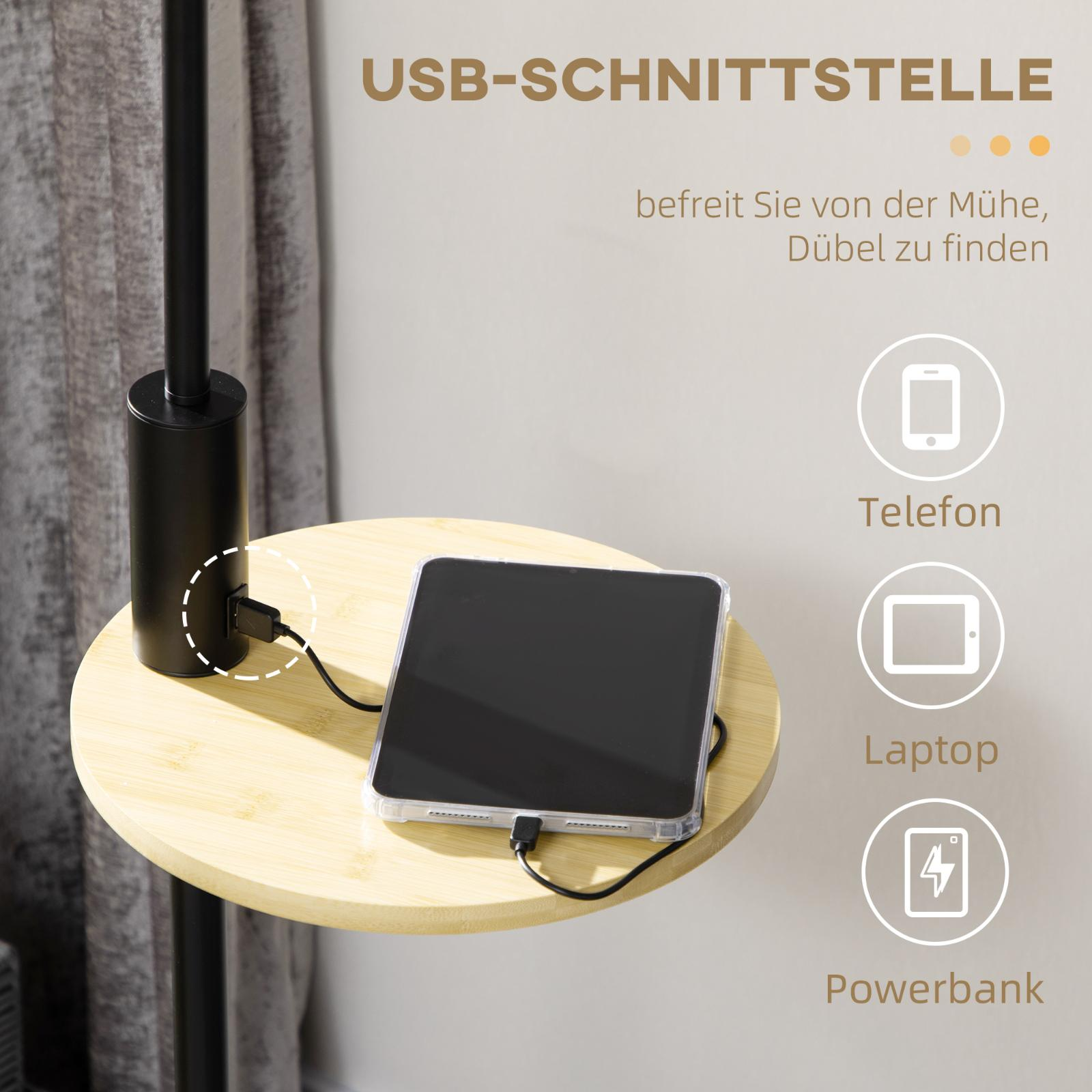 Ein Tisch mit Tablet und Ladekabel. Der Tisch hat einen USB-Anschluss. Ein Telefon und Laptop werden auch gezeigt.