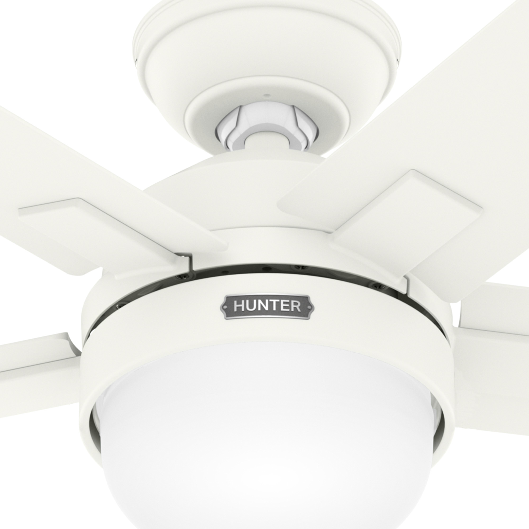 Nahaufnahme eines weißen Deckenventilators. Flügel, Motorgehäuse und Hunter-Logo sind sichtbar.