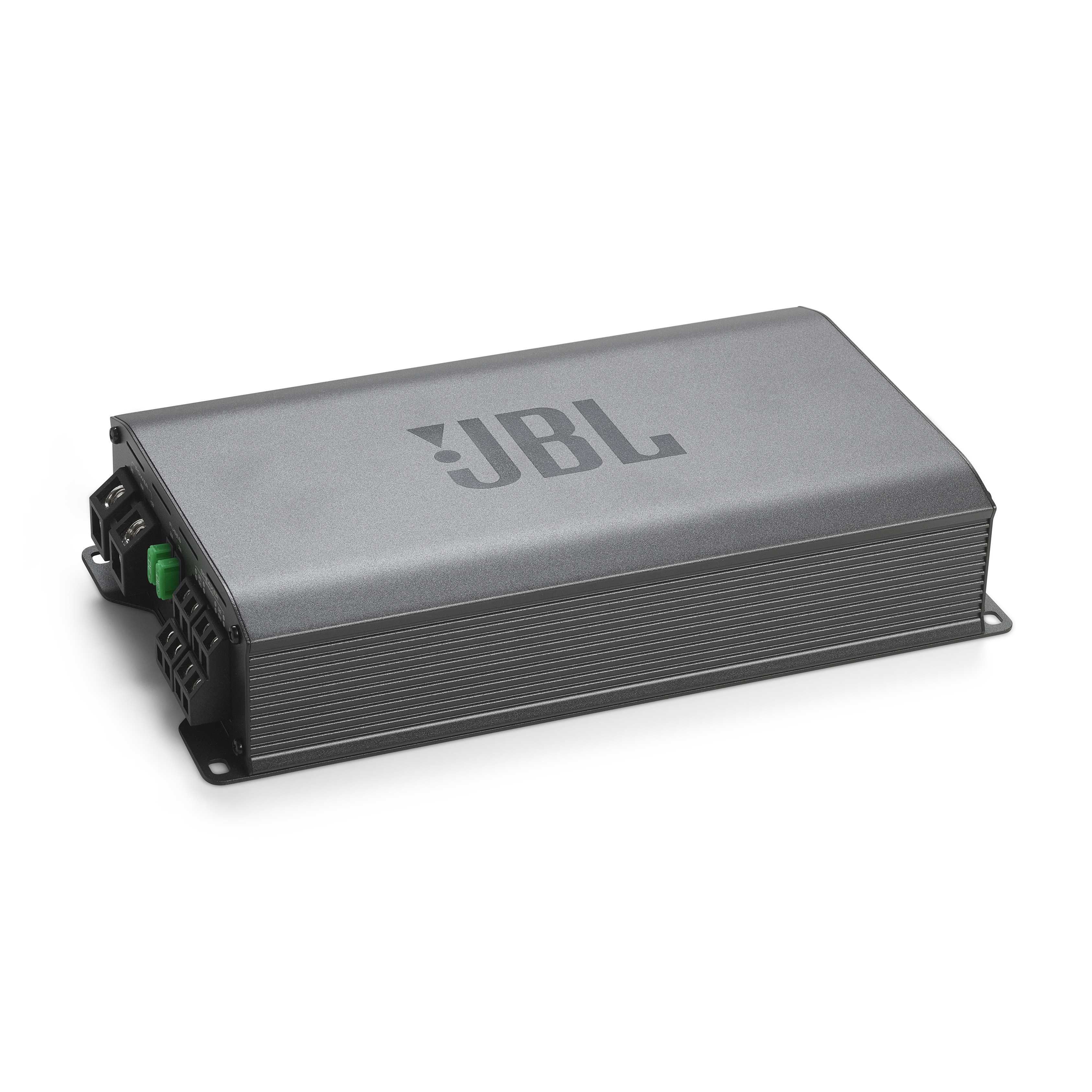 Grauer JBL-Verstärker. Rechteckige Form, gerippte Seiten, JBL-Logo oben.