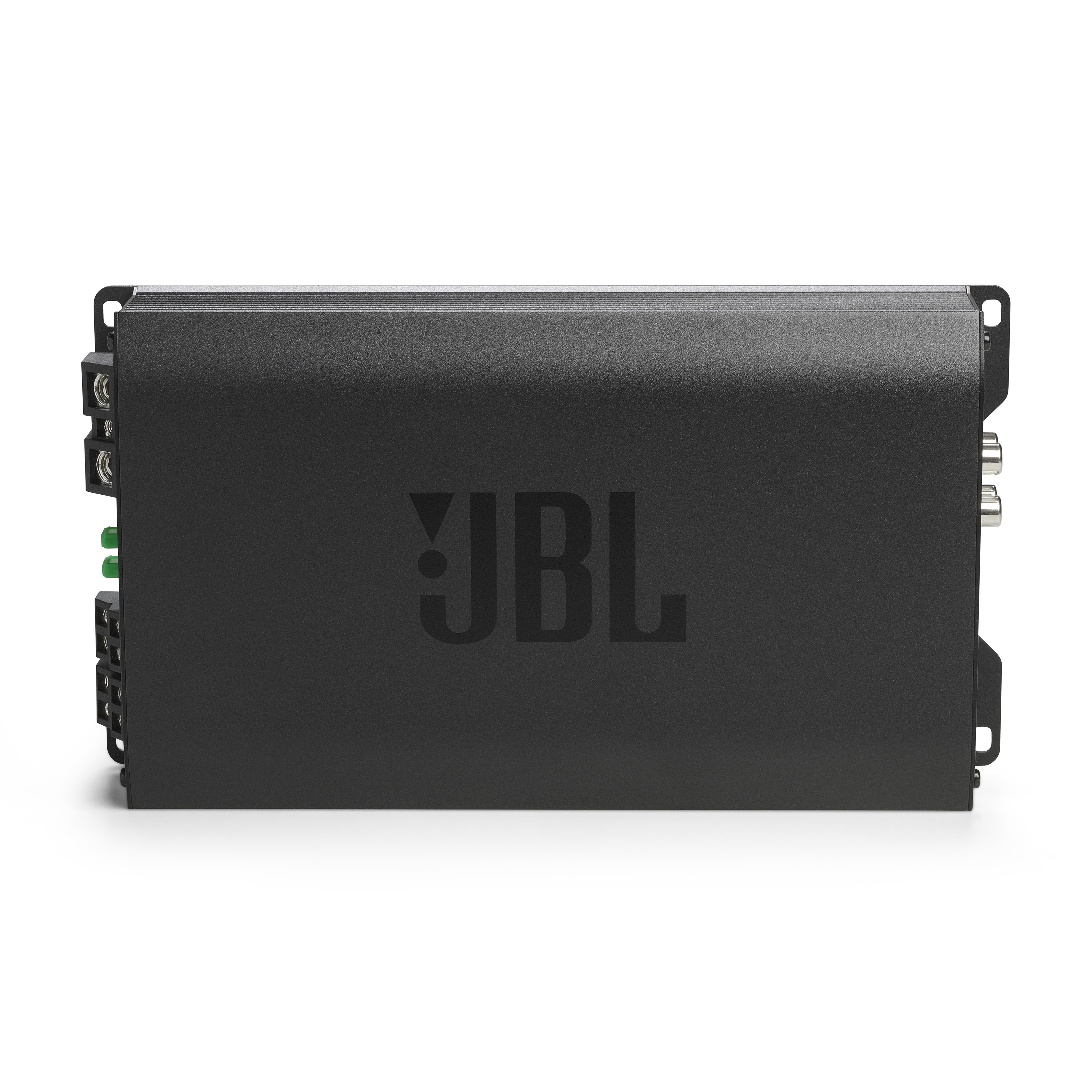 Schwarzer JBL-Verstärker. Das JBL-Logo ist sichtbar.  Verschiedene Ein-/Ausgangsanschlüsse.