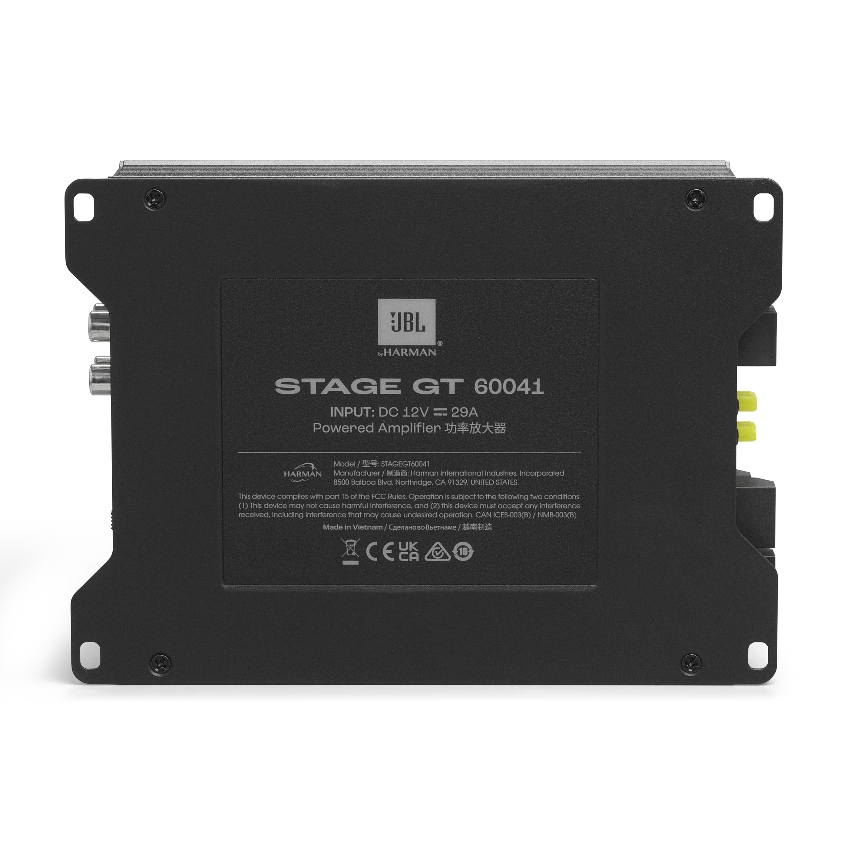 Schwarzer JBL-Verstärker. Rechteckig, Text auf der Rückseite, Stage GT, Harman-Logo.