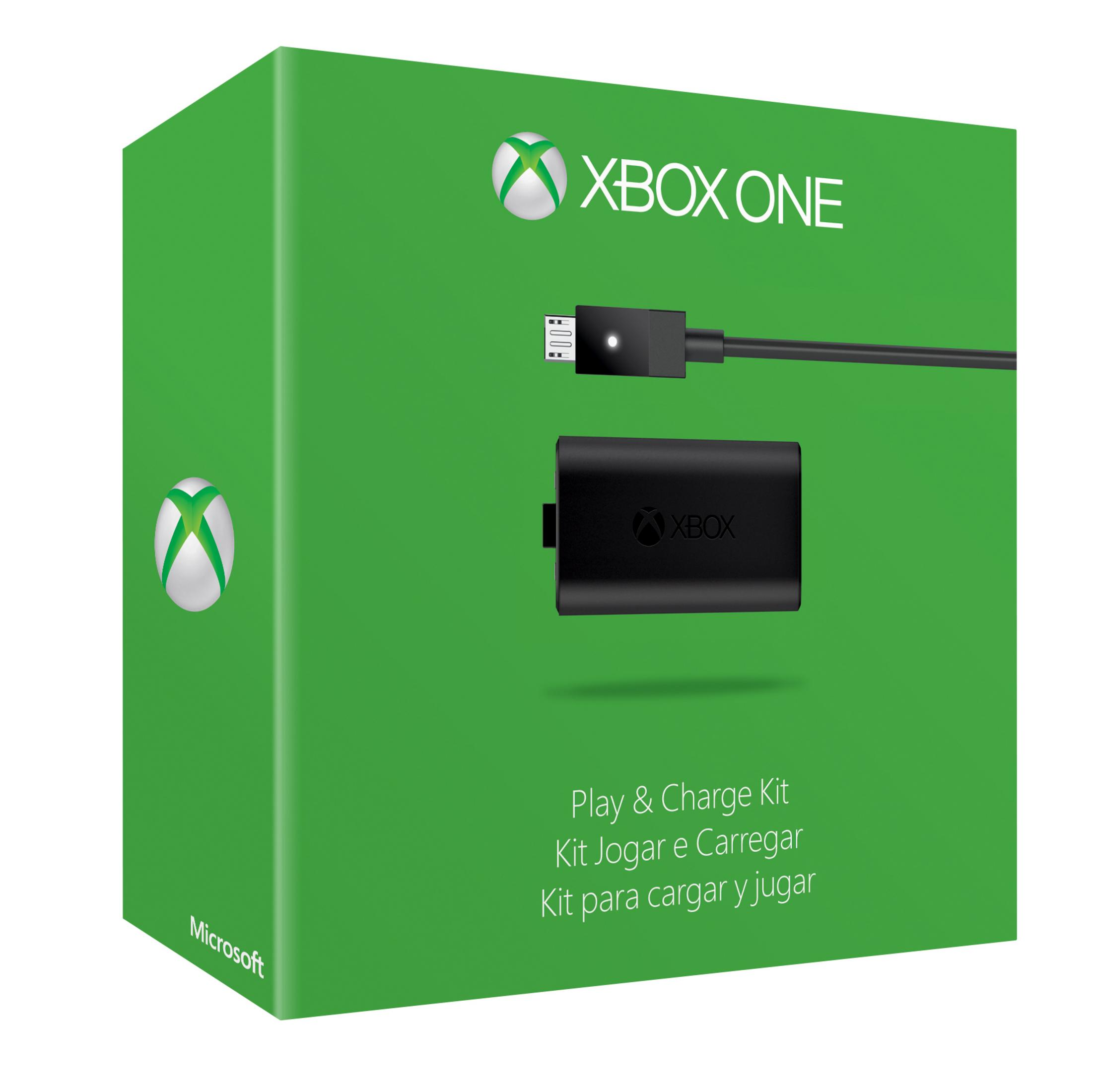 Eine grüne Xbox One-Box mit einem Ladeset, einem schwarzen Ladegerät und weißem Hintergrund.
