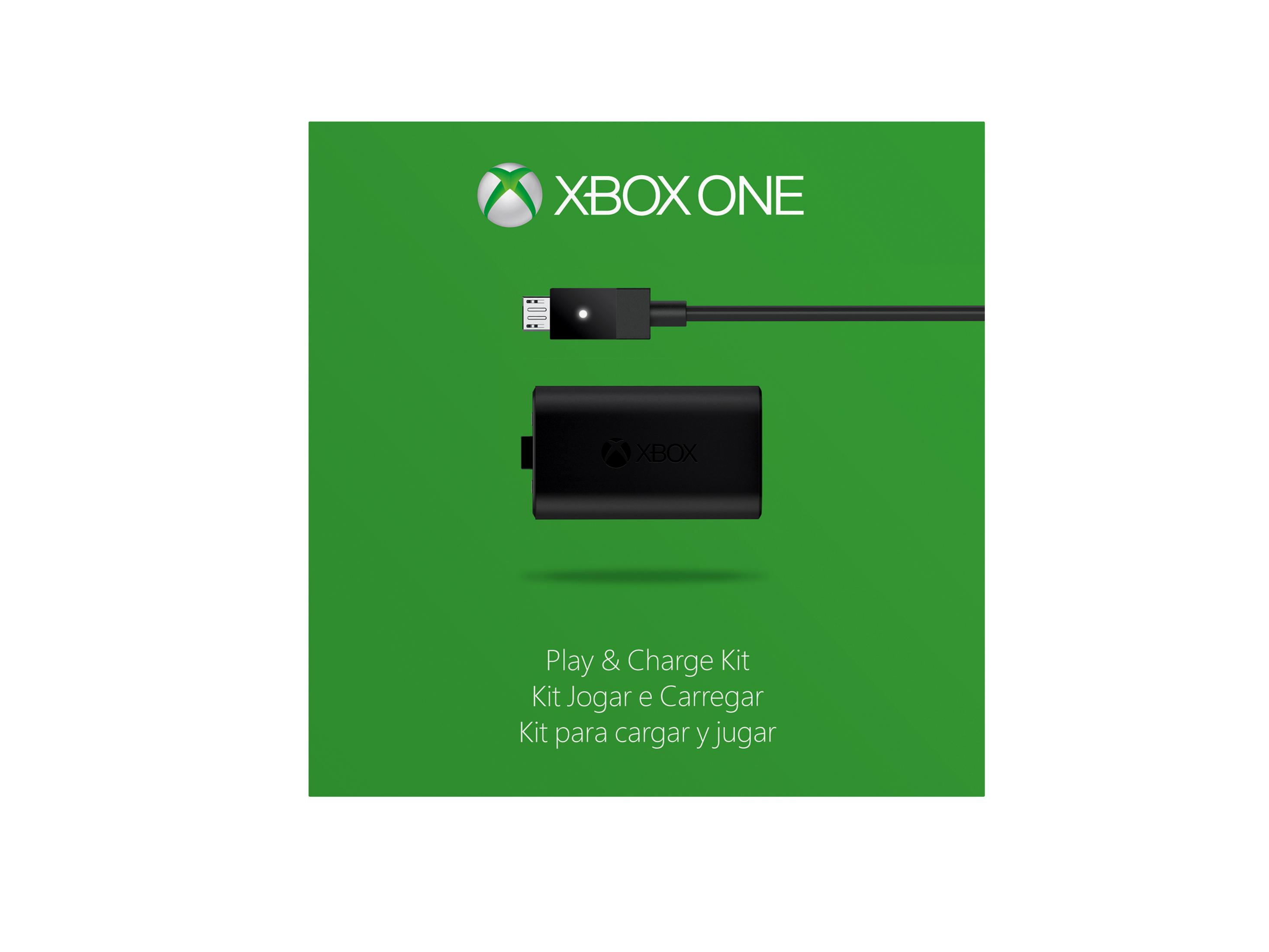 Eine grüne Xbox One-Box mit einem Ladeset, einem schwarzen Ladegerät und Kabel, auf grünem Grund.