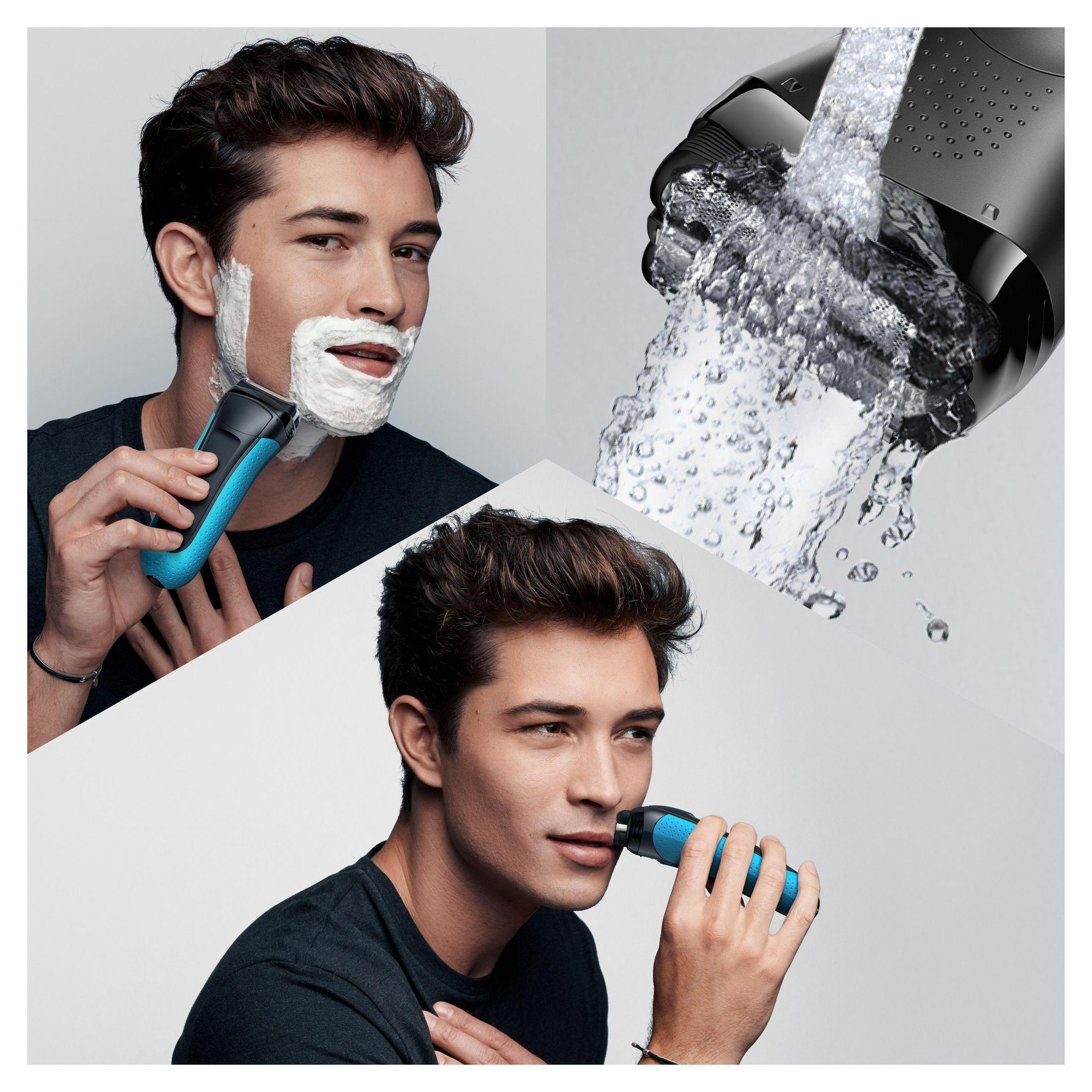 Hombre afeitándose, usando afeitadora eléctrica y lavándose la cara con agua.