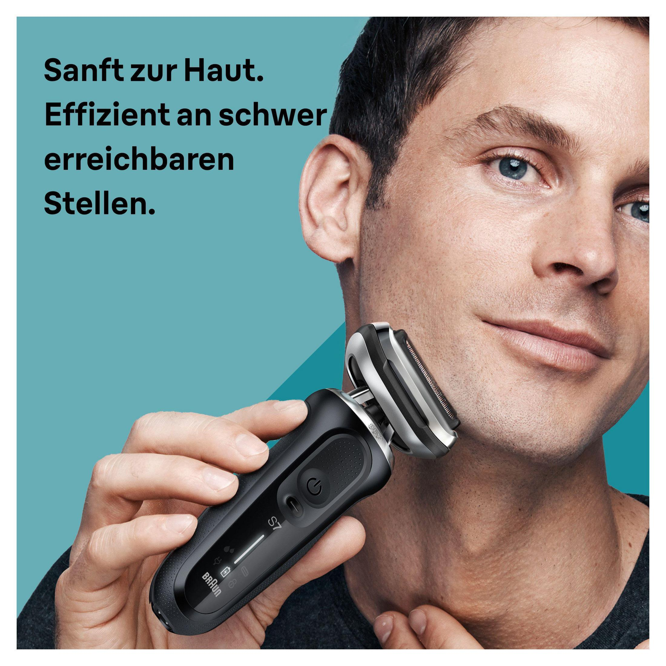 Mężczyzna goli się czarną golarką elektryczną, tekst na obrazie: 'Sanft zur Haut'.