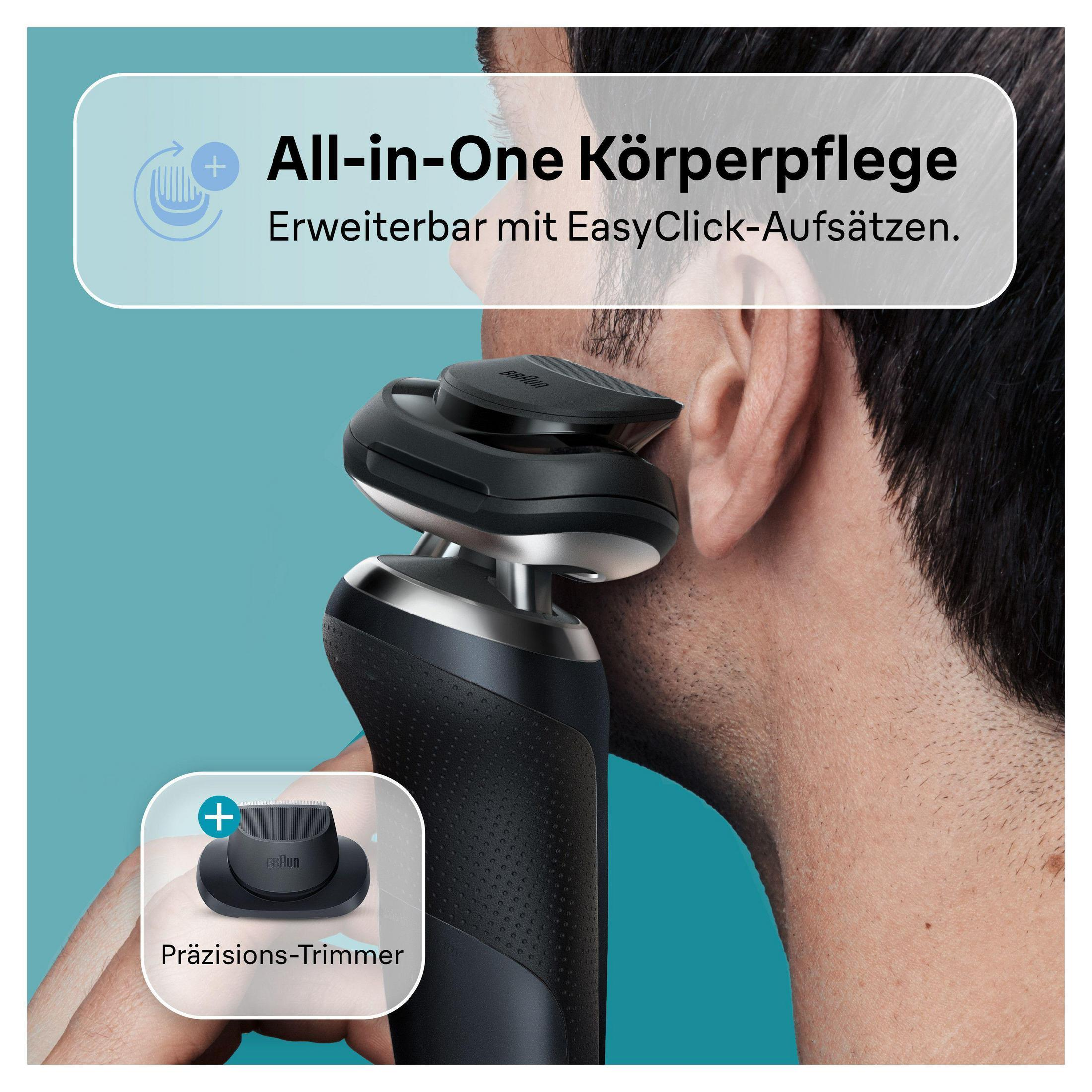 Mężczyzna goli się, golarka elektryczna z nakładką do trymowania. Tekst: All-in-One Körperpflege.