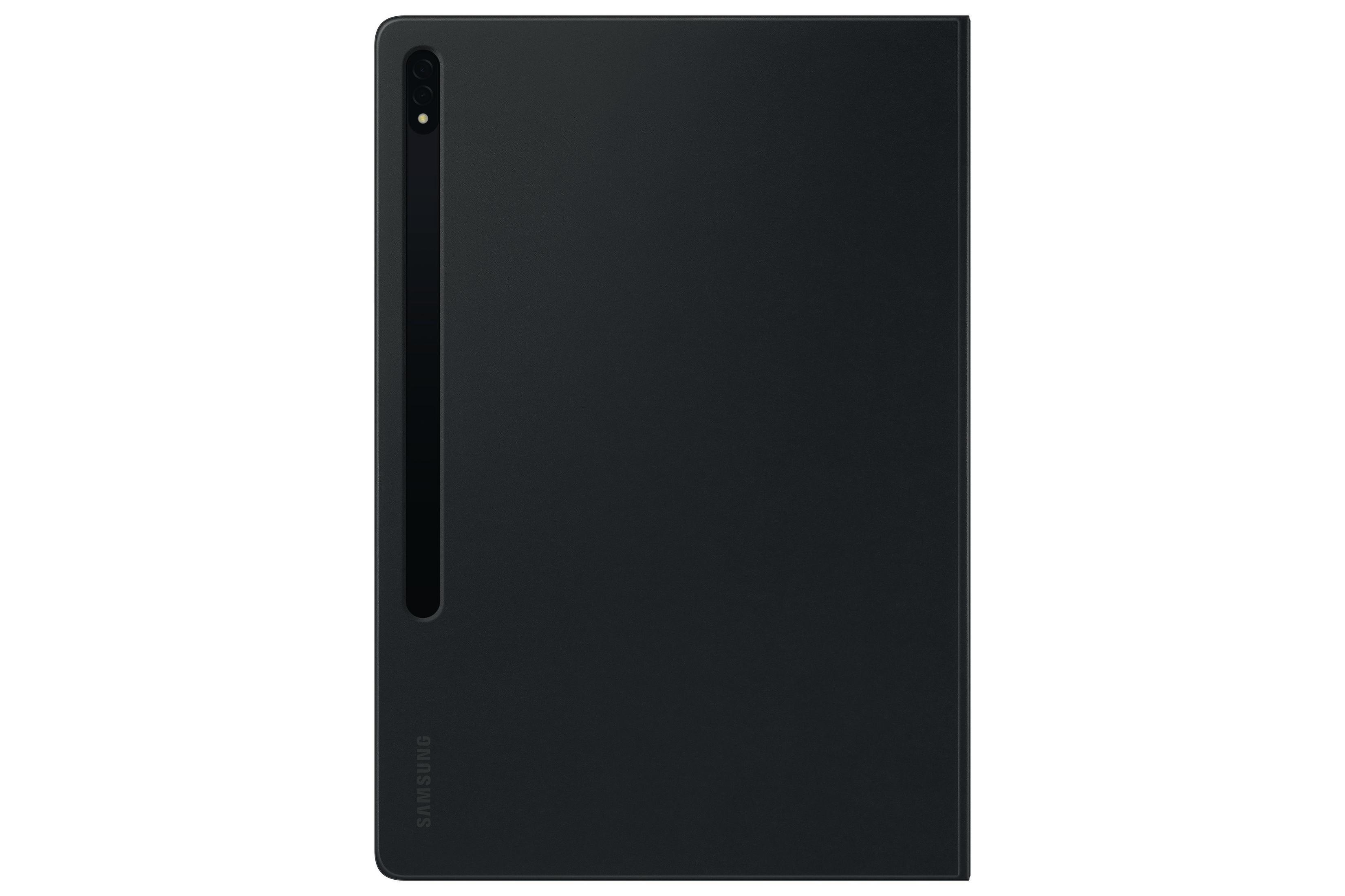 Custodia per tablet Samsung nera, con pennino a sinistra. Sfondo bianco.