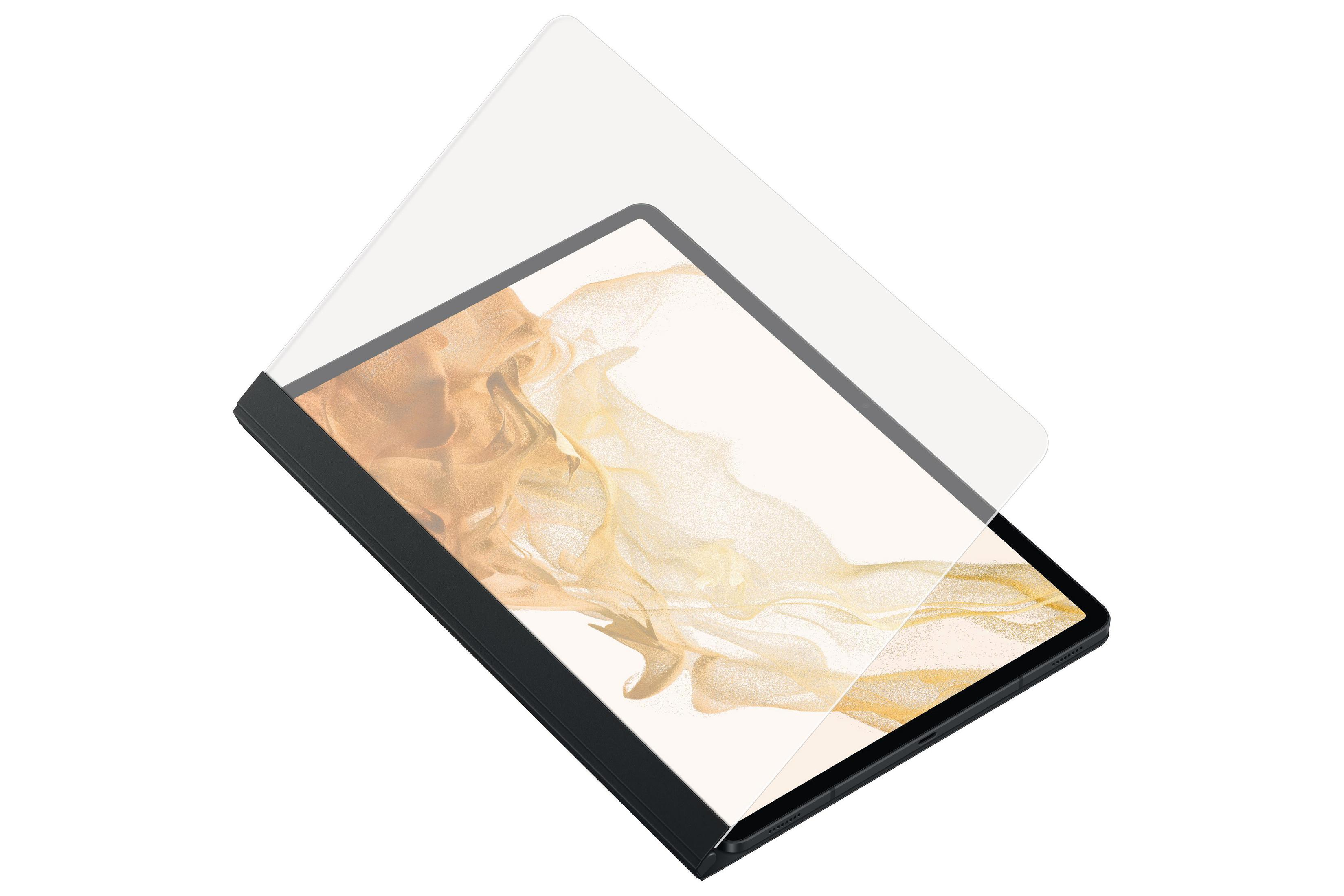 Tablet con protezione schermo in applicazione. Il tablet è nero, lo schermo ha un design dorato.