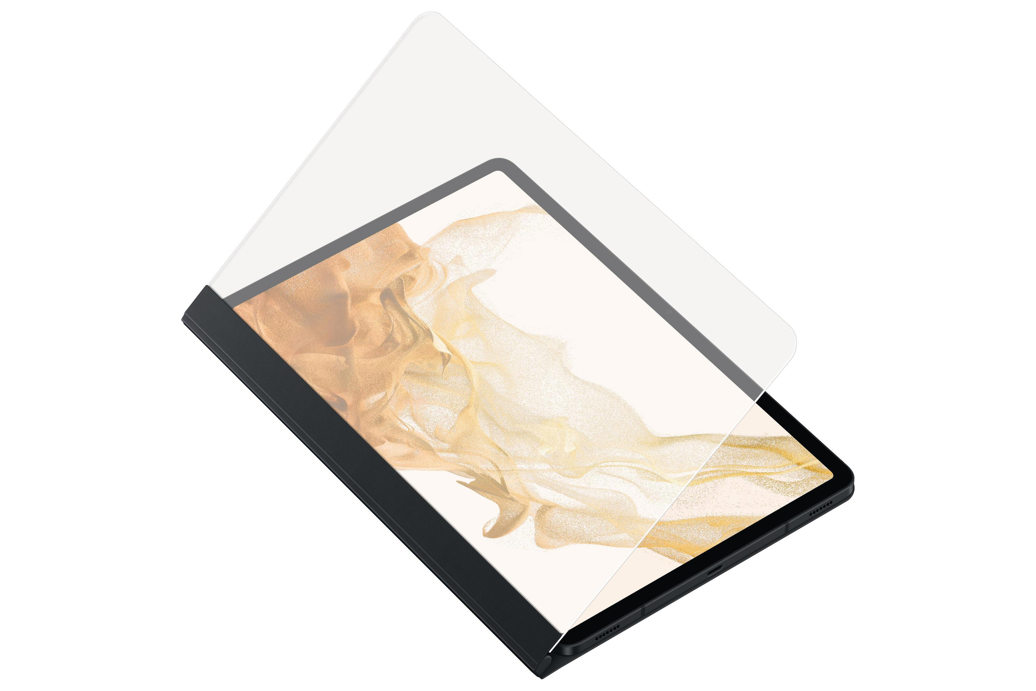 Tablet mit Displayschutz. Das Tablet ist schwarz und der Schutz klar.
