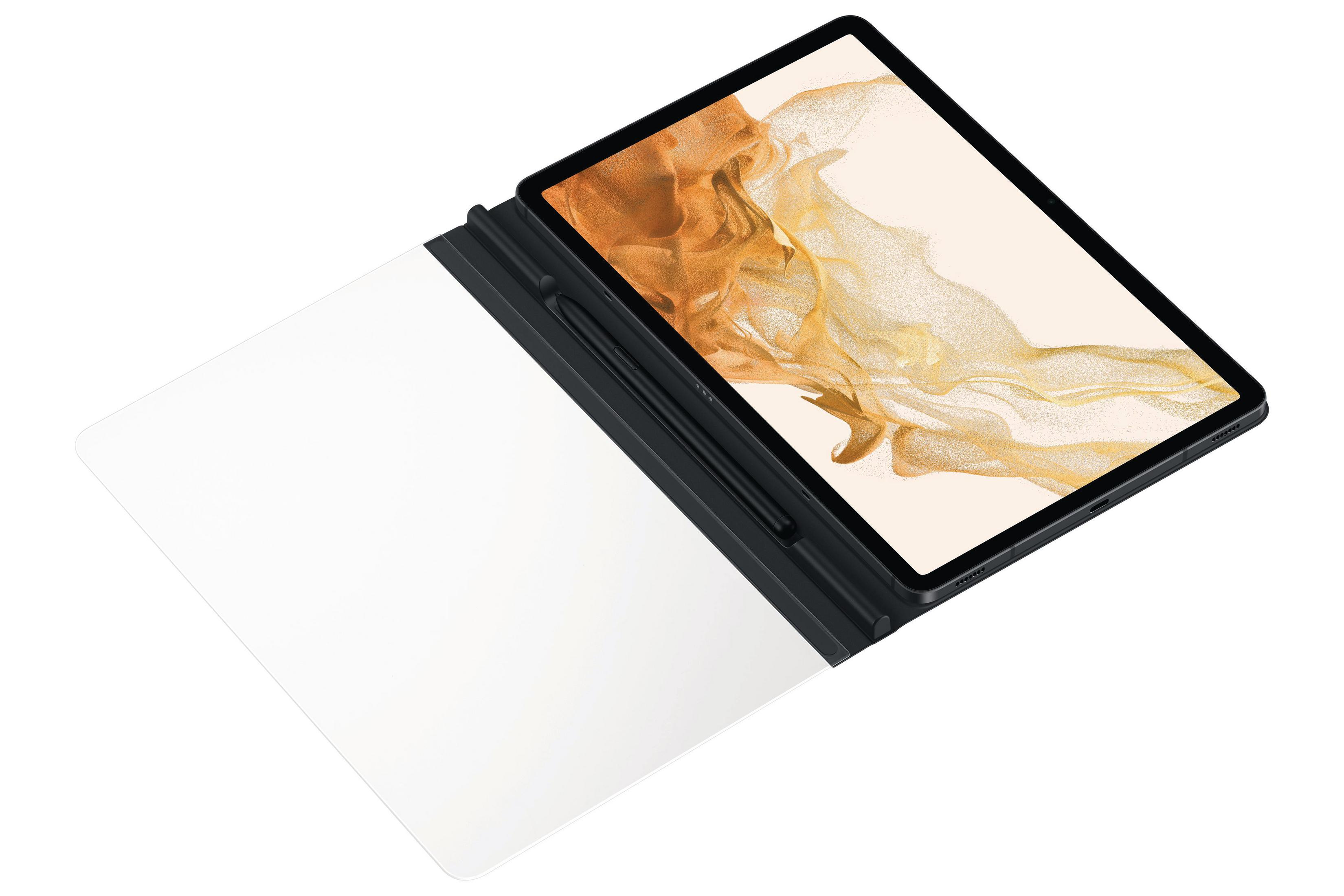Geöffnetes Samsung Tablet und Hülle. Tablet zeigt Display. Weiße Hülle links.