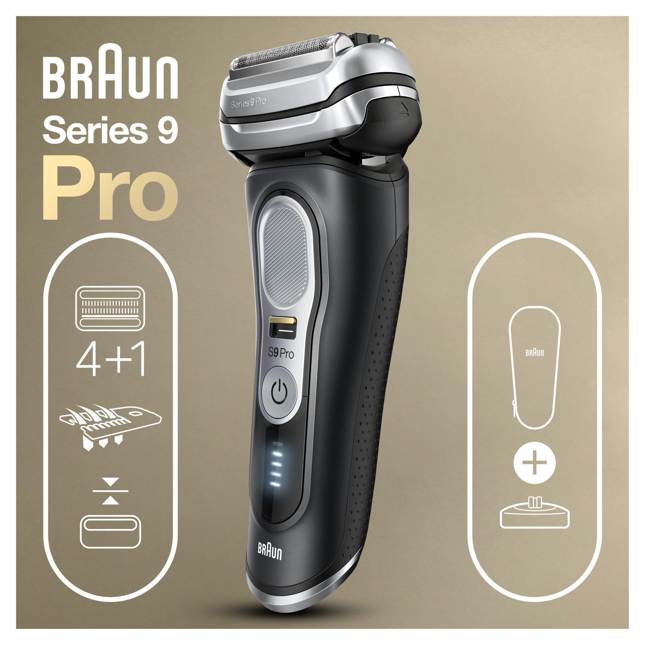 Rasoio elettrico Braun Series 9 Pro con testo e icone su sfondo bianco.