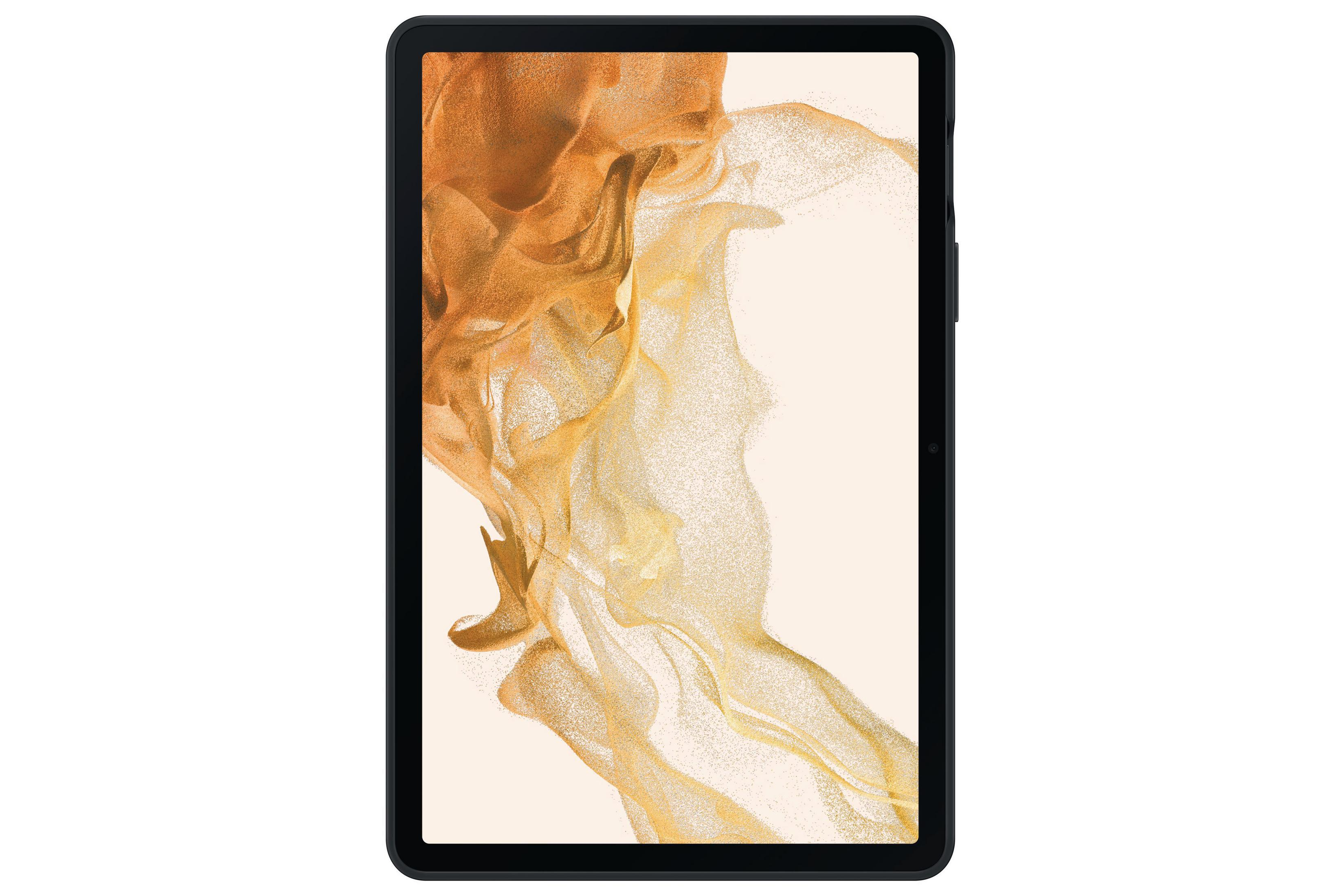 Ein schwarzes Tablet mit einem weißen Bildschirm, der ein goldenes, abstraktes Design zeigt.