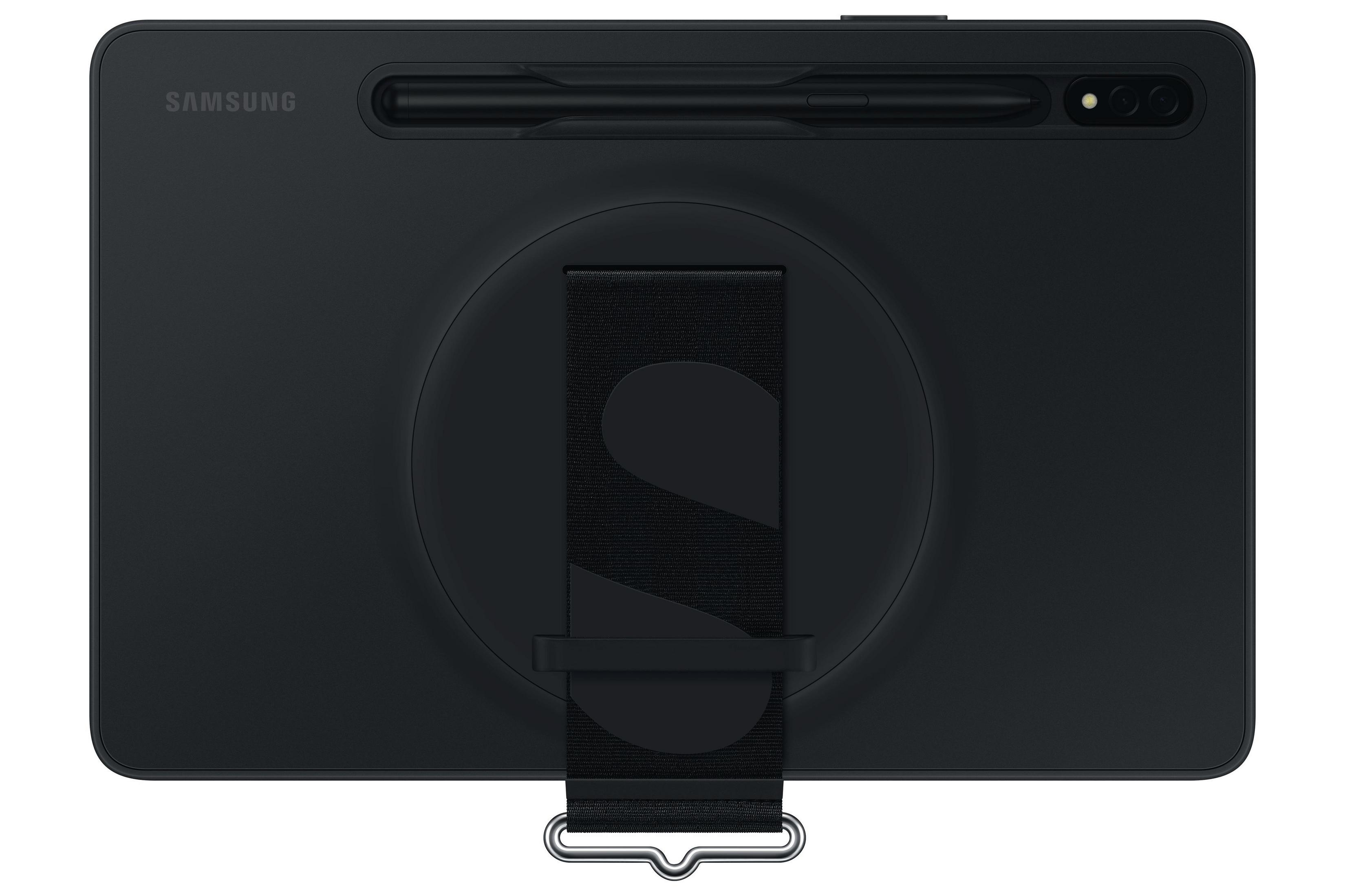 Schwarzes Tablet mit Stiftschacht, Stift darin und schwarzem Riemen auf der Rückseite.
