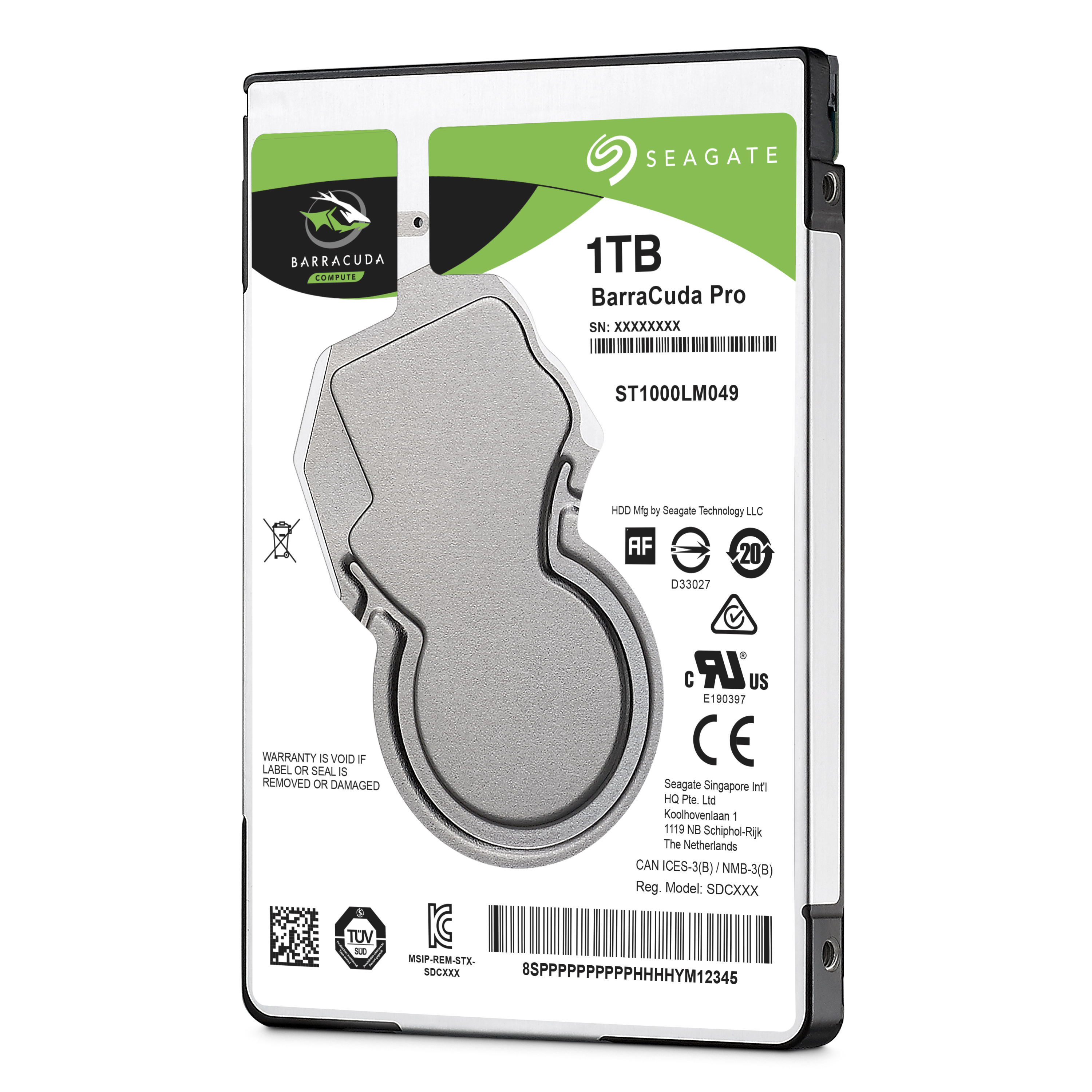 Disco duro Seagate Barracuda Pro de 1 TB. Etiqueta negra y verde sobre fondo blanco.
