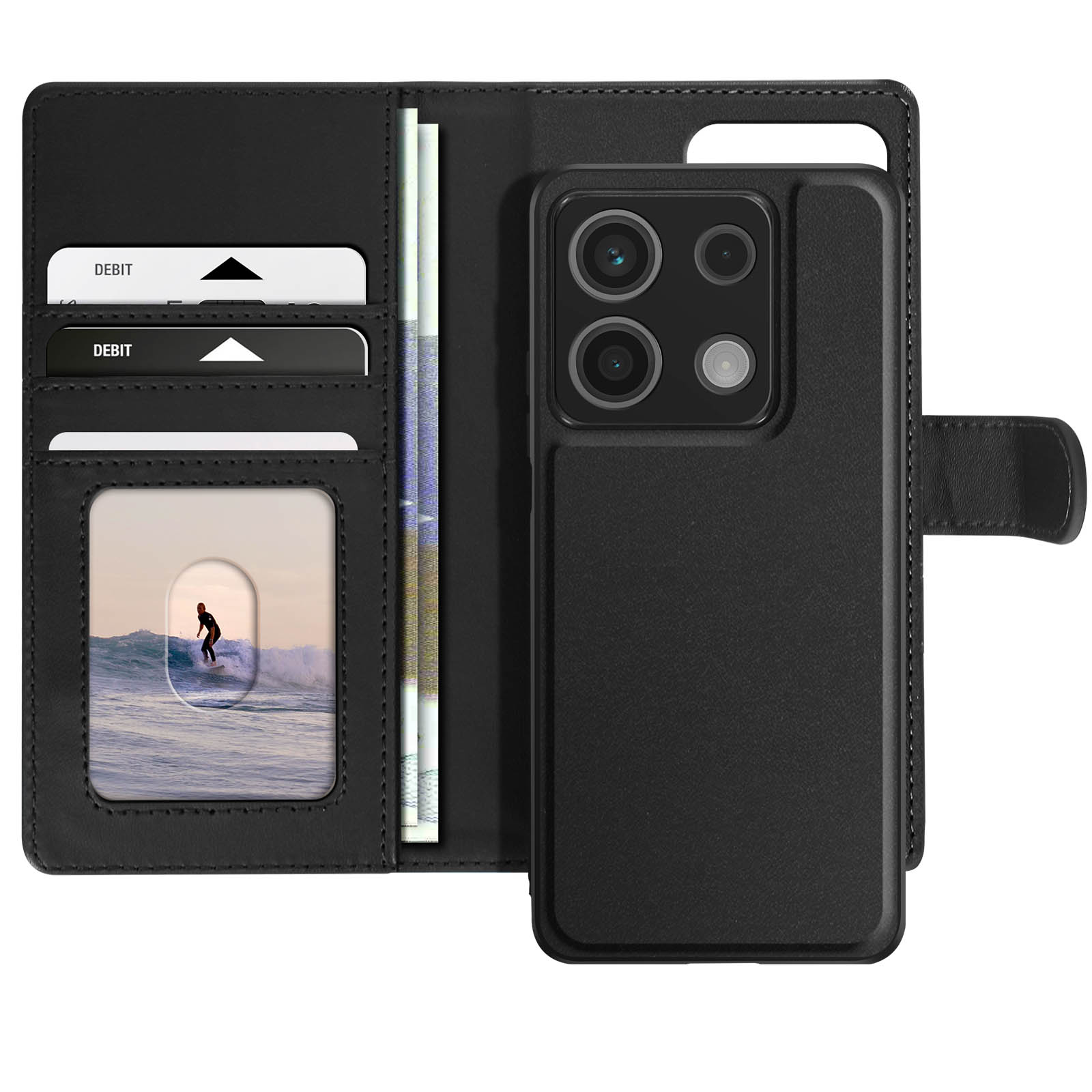 Custodia nera per telefono con funzioni portafoglio aperta, che mostra carte e denaro. Foto di un surfista all'interno.