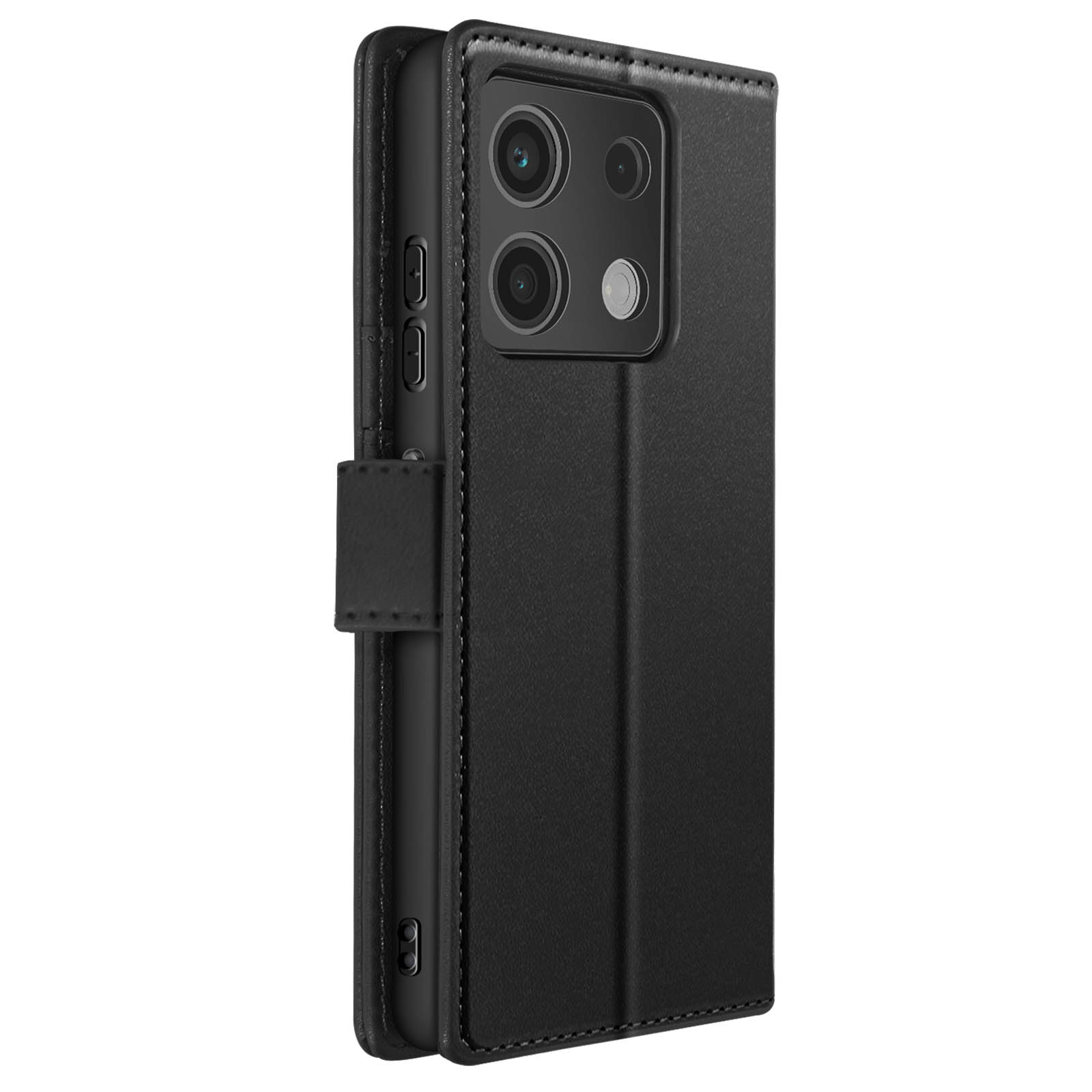 Custodia per telefono nera, chiusa. Materiale simile alla pelle, ritaglio per la fotocamera e dettagli di cucitura.