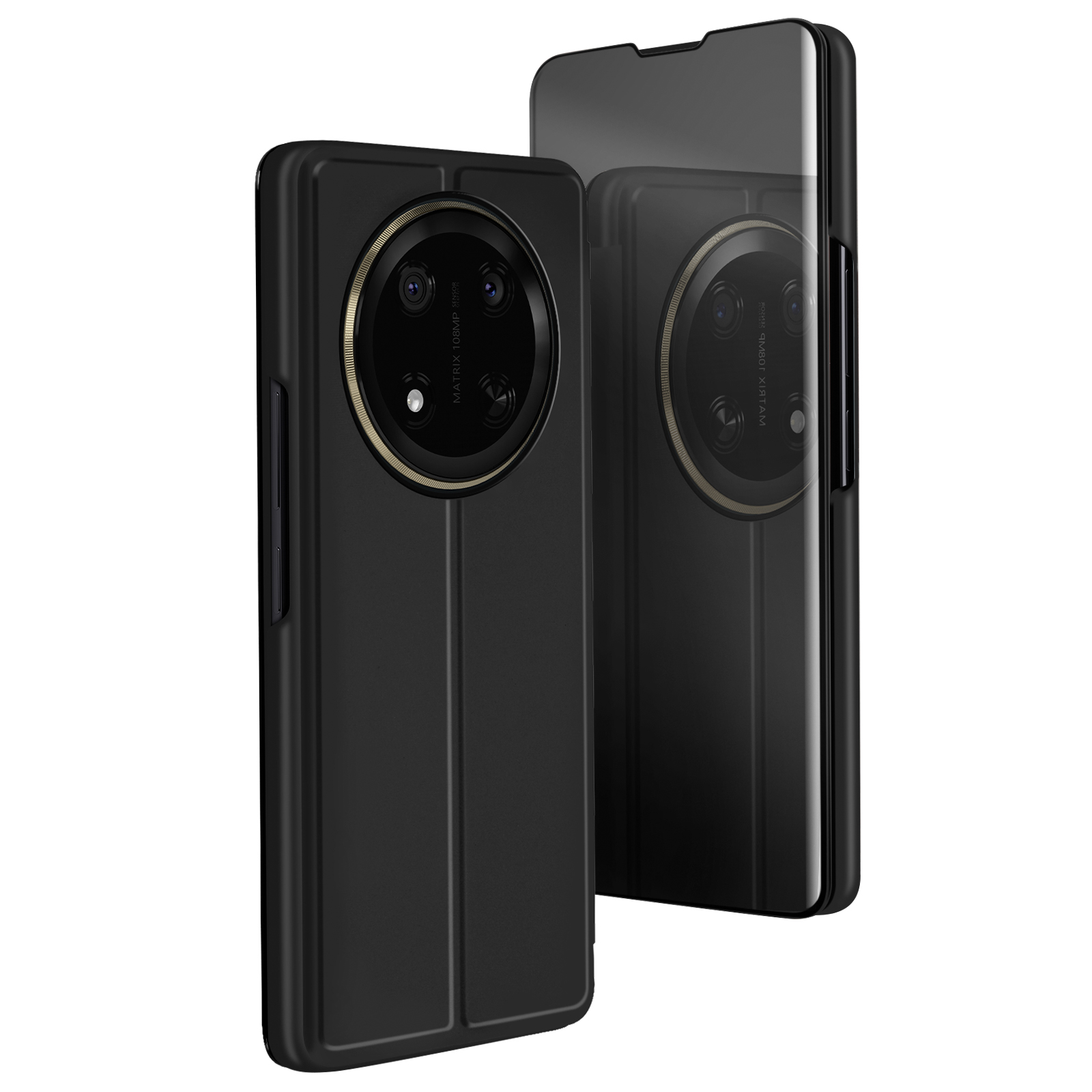 Due custodie per telefono nere, una che mostra il retro con le lenti della fotocamera, l'altra un riflesso.