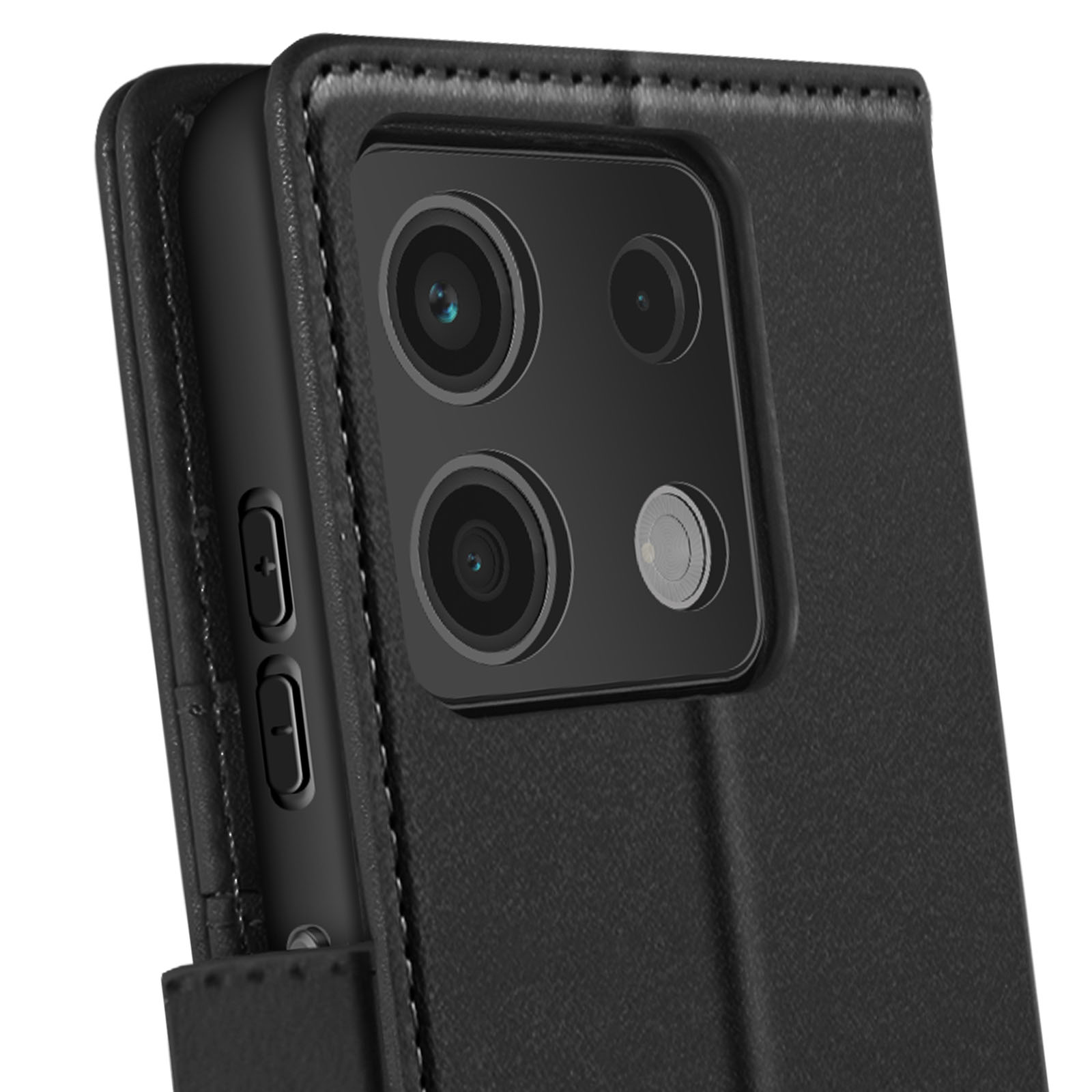 Custodia per telefono nera con ritaglio per fotocamera aperto. Quattro obiettivi e flash. Pulsanti visibili.