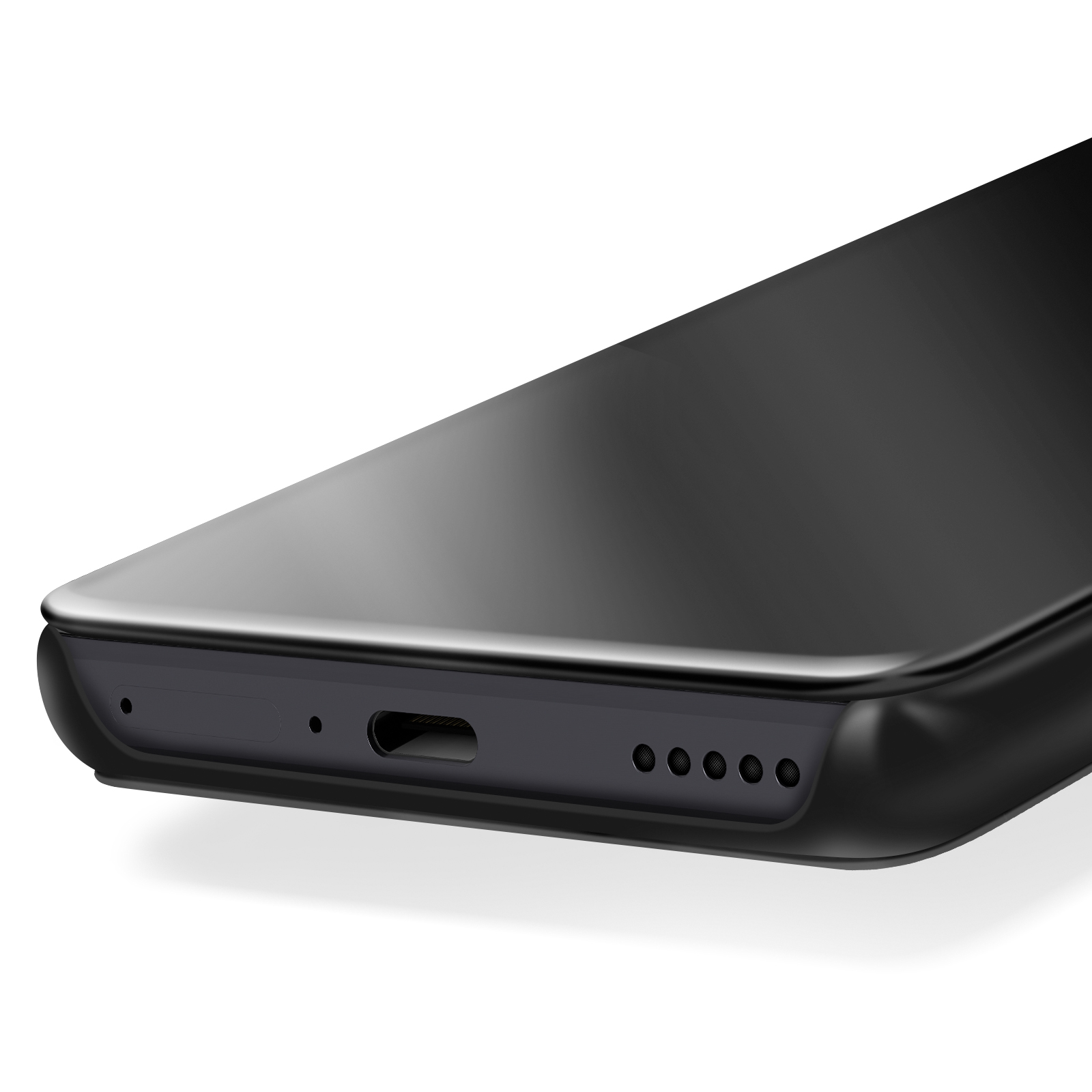 Primo piano del bordo inferiore di uno smartphone nero. Mostra porte e altoparlanti. Sfondo bianco.