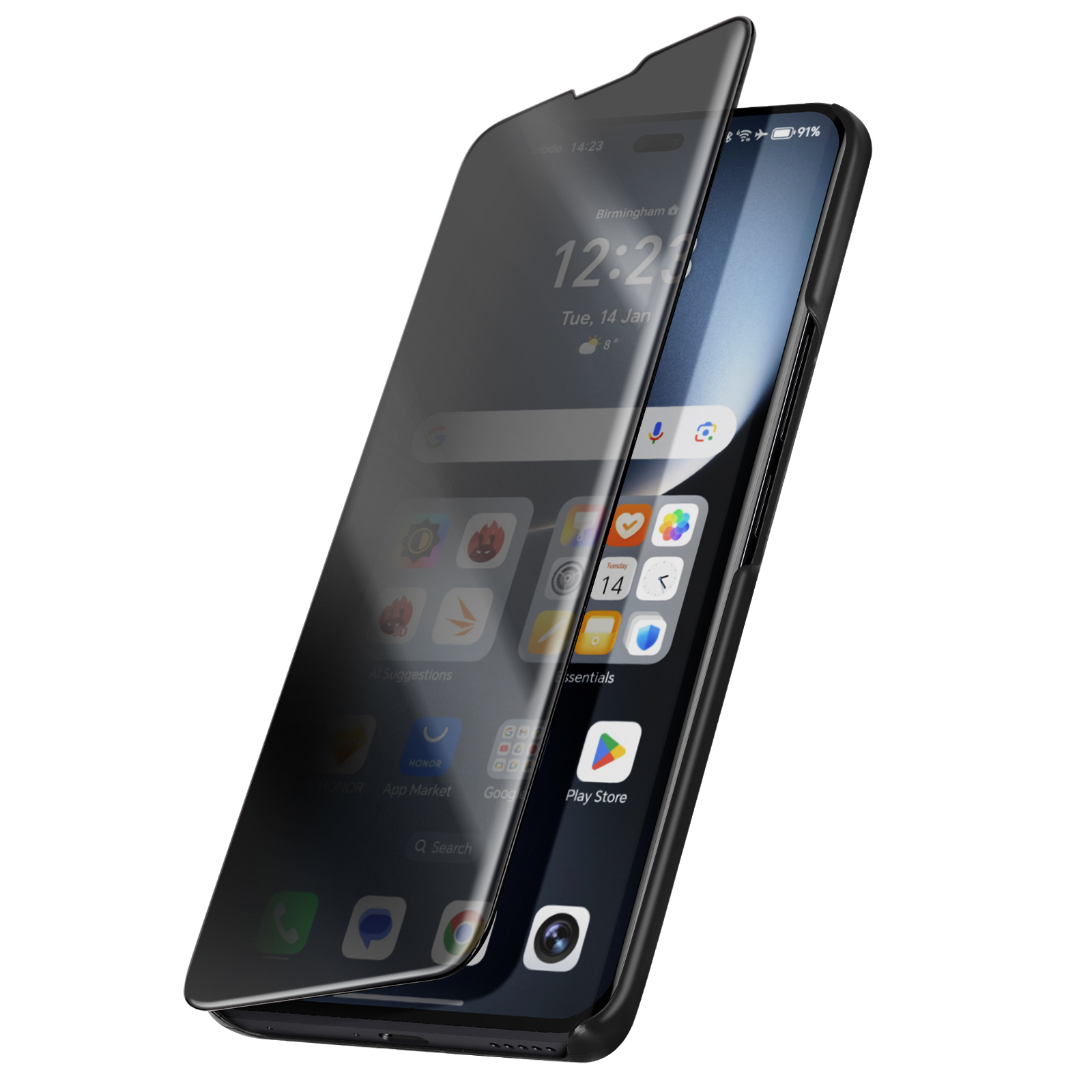 Smartphone nero con protezione schermo privacy parzialmente aperta. Sfondo bianco con icone delle app.