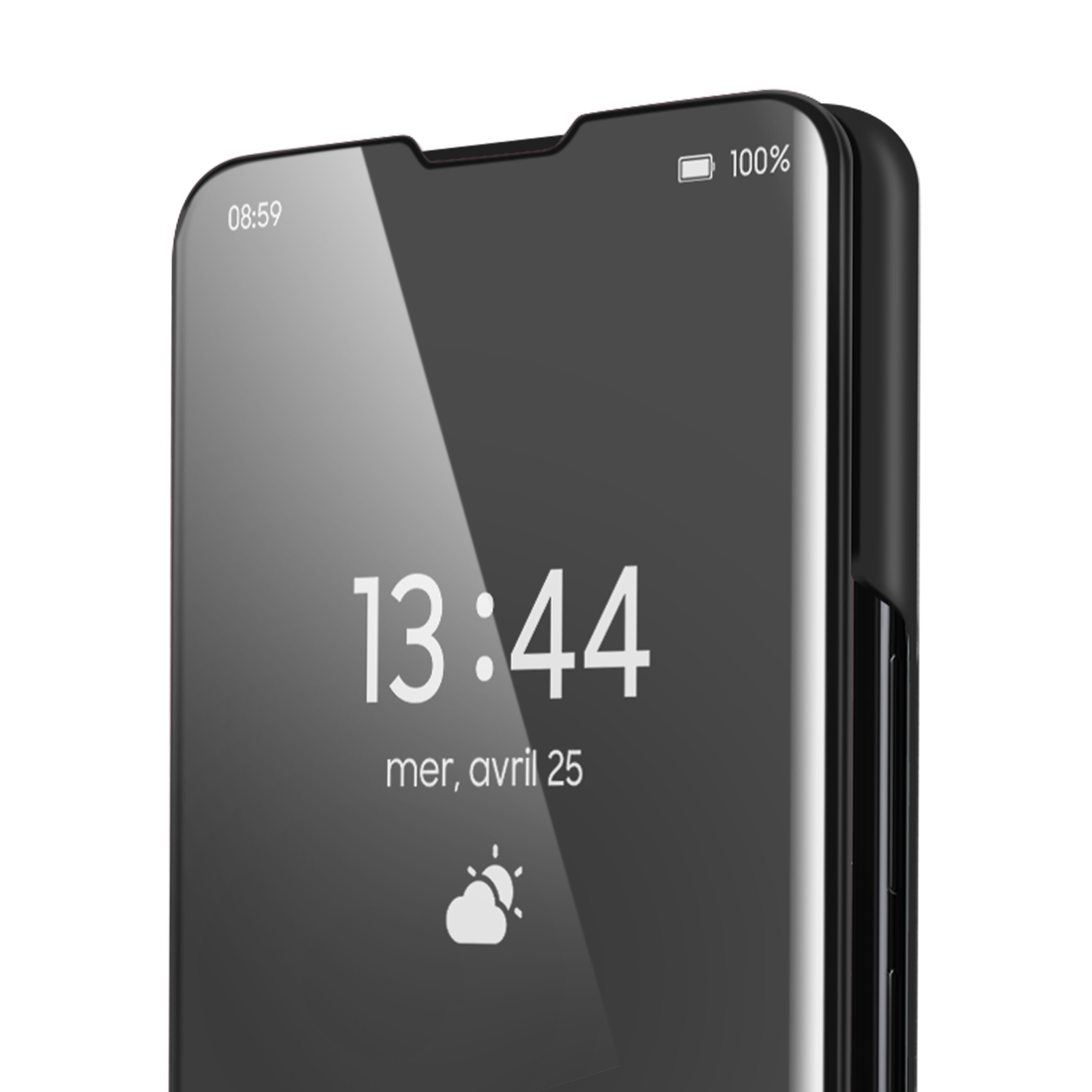 Primo piano dello schermo di uno smartphone nero che mostra l'ora e la data. Sfondo bianco.