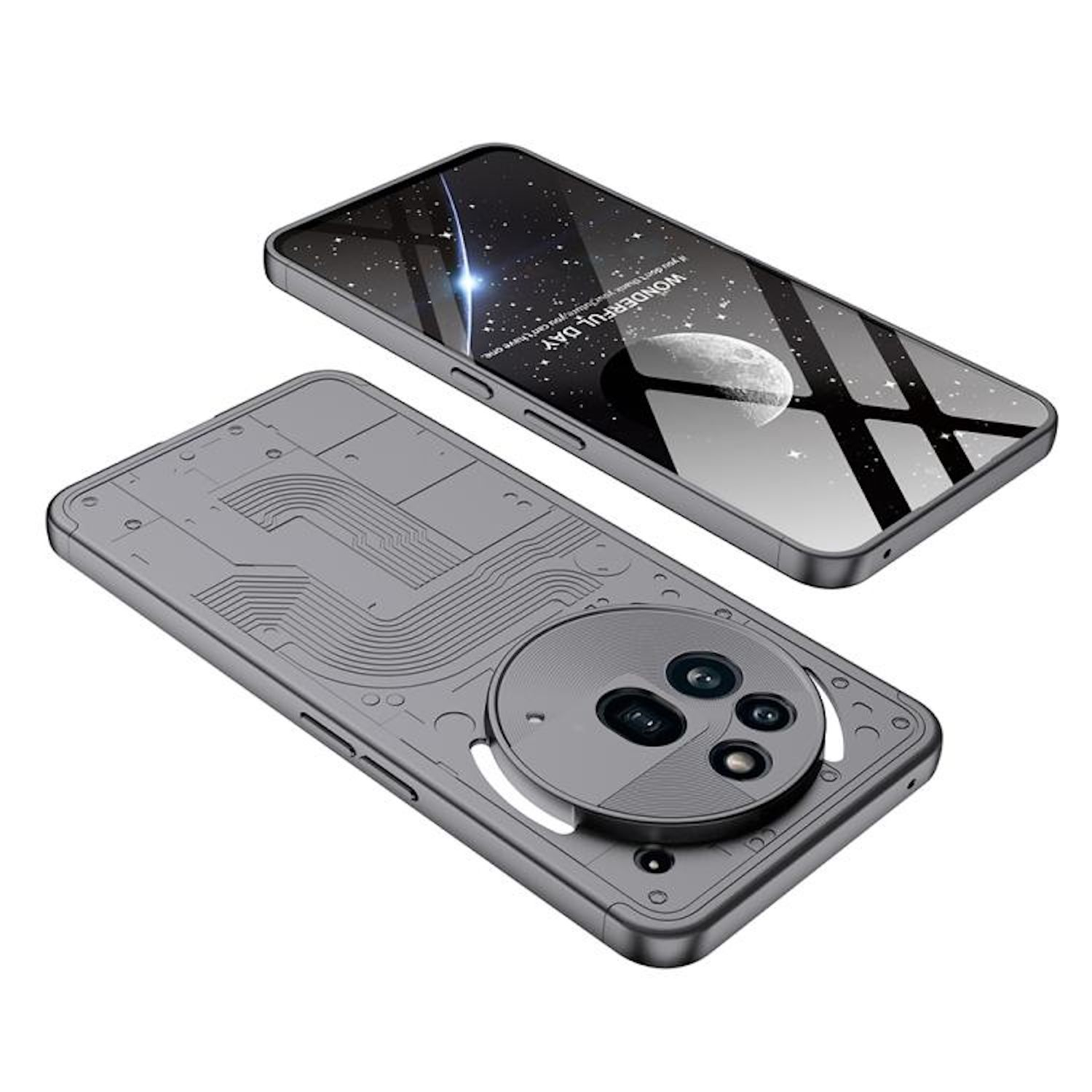 Dos smartphones, uno en funda gris, el otro con fondo temático espacial. Fondo negro.