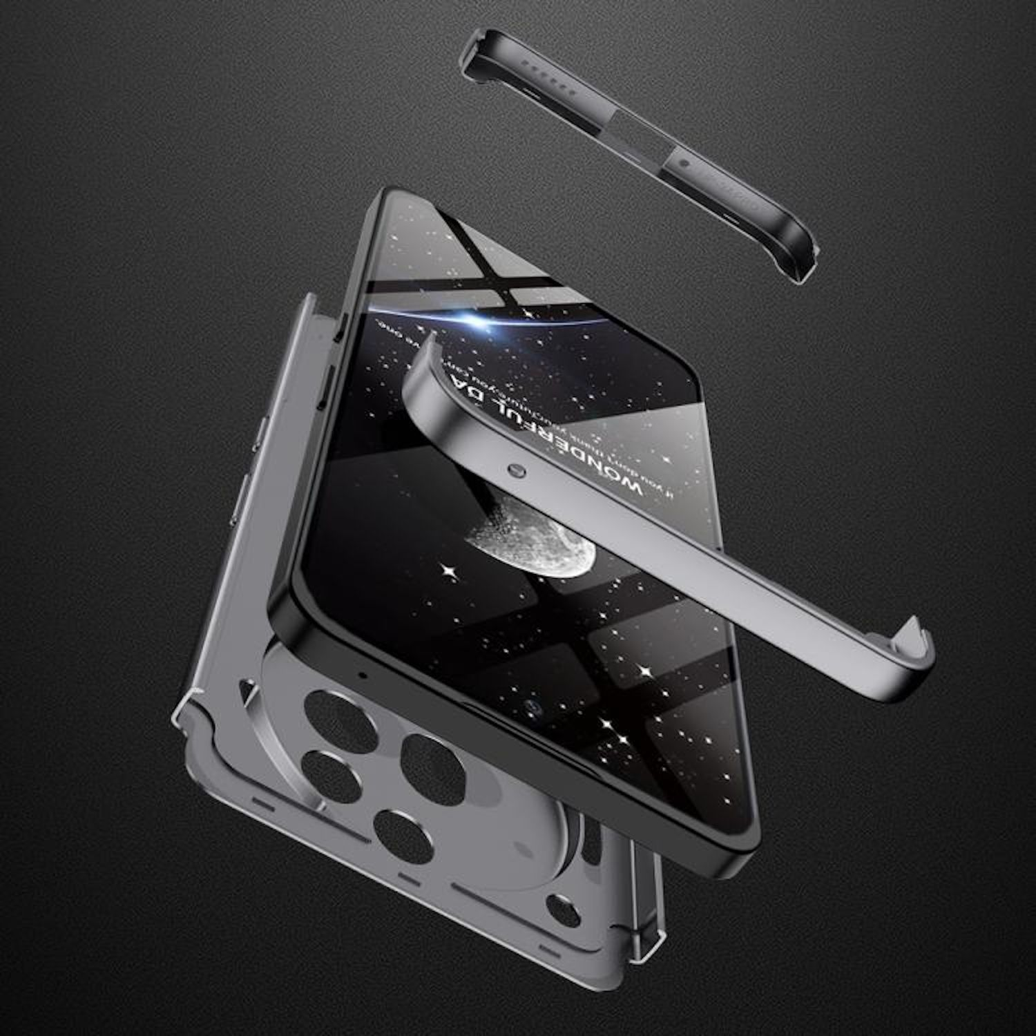 Partes de la funda del teléfono, negras y plateadas, desmontadas. La pantalla muestra una imagen de noche estrellada. Fondo gris.