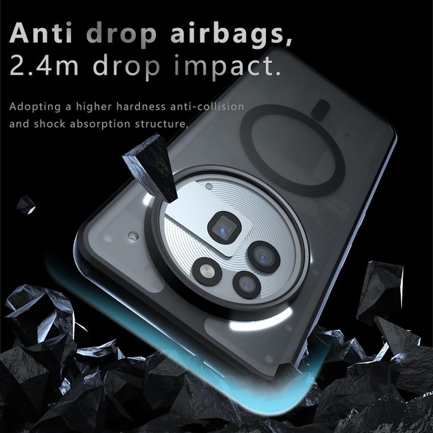 Handyhülle mit drei Linsen, auf dunklem Hintergrund. Text: Anti-Sturz-Airbags, 2,4 m Sturzaufprall.