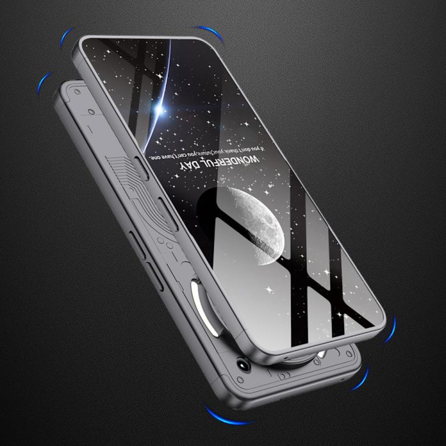 Funda con dos partes. El teléfono muestra un fondo de cielo estrellado. Texto: Día maravilloso.