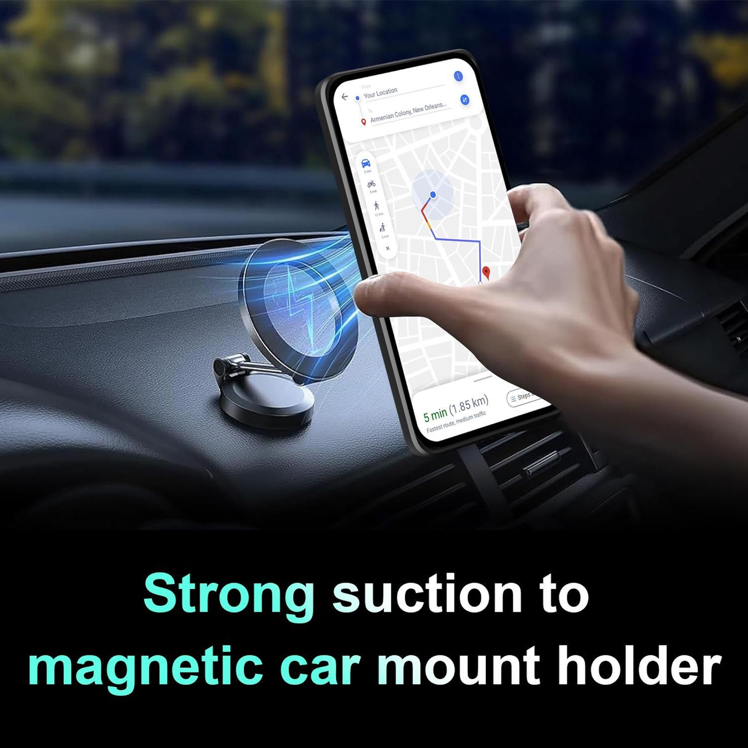 Hand hält Telefon in Autohalterung, zeigt Karte. Text: Starker Halt für magnetische Autohalterung.