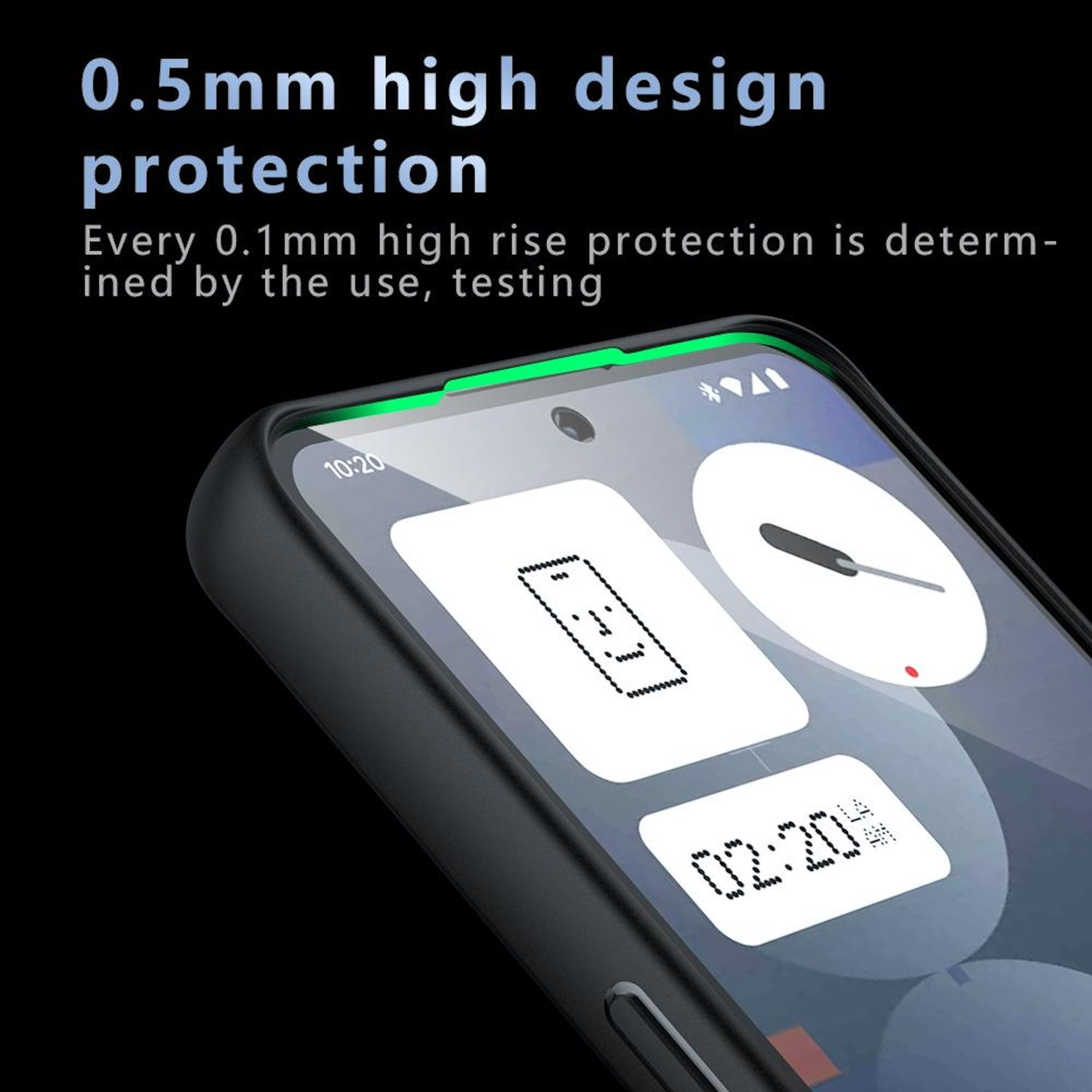 Telefon mit schwarzer Hülle, zeigt Zeit und Gesichtssymbol. Text: 0,5 mm hoher Designschutz.