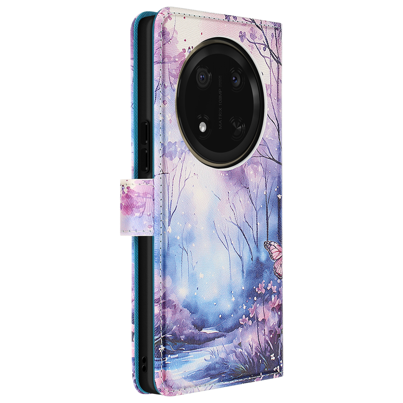 Custodia per telefono con scena di foresta e farfalla. Il telefono ha un grande obiettivo.