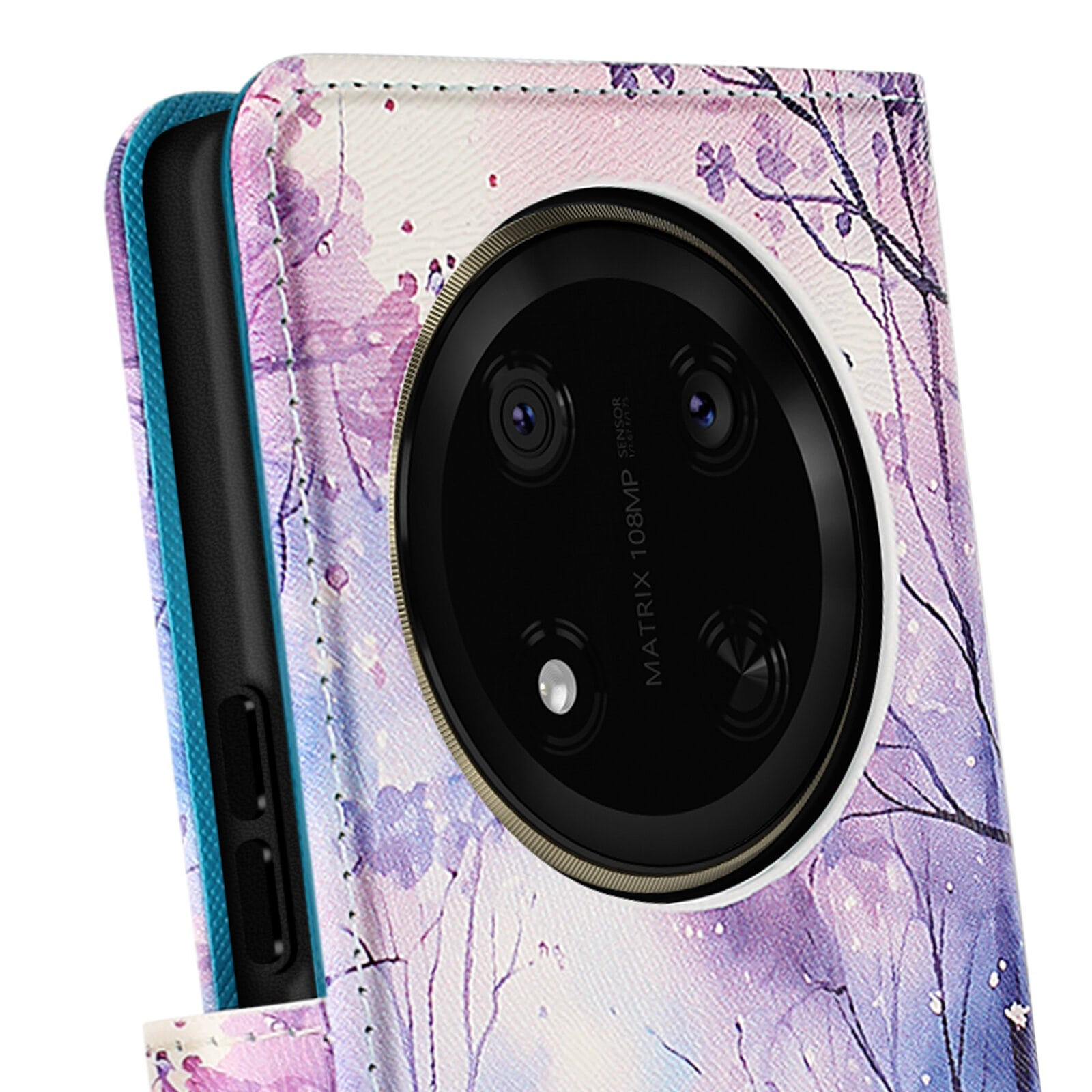 Primo piano di una custodia per telefono con foro per fotocamera, design floreale.