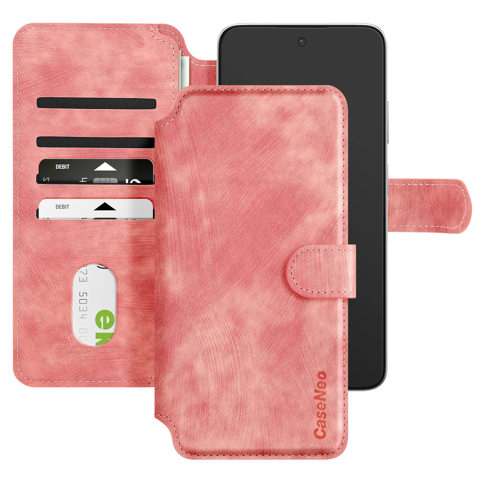 Custodia rosa con carte e contanti. Il telefono è dentro. CaseNeo è stampato in basso.