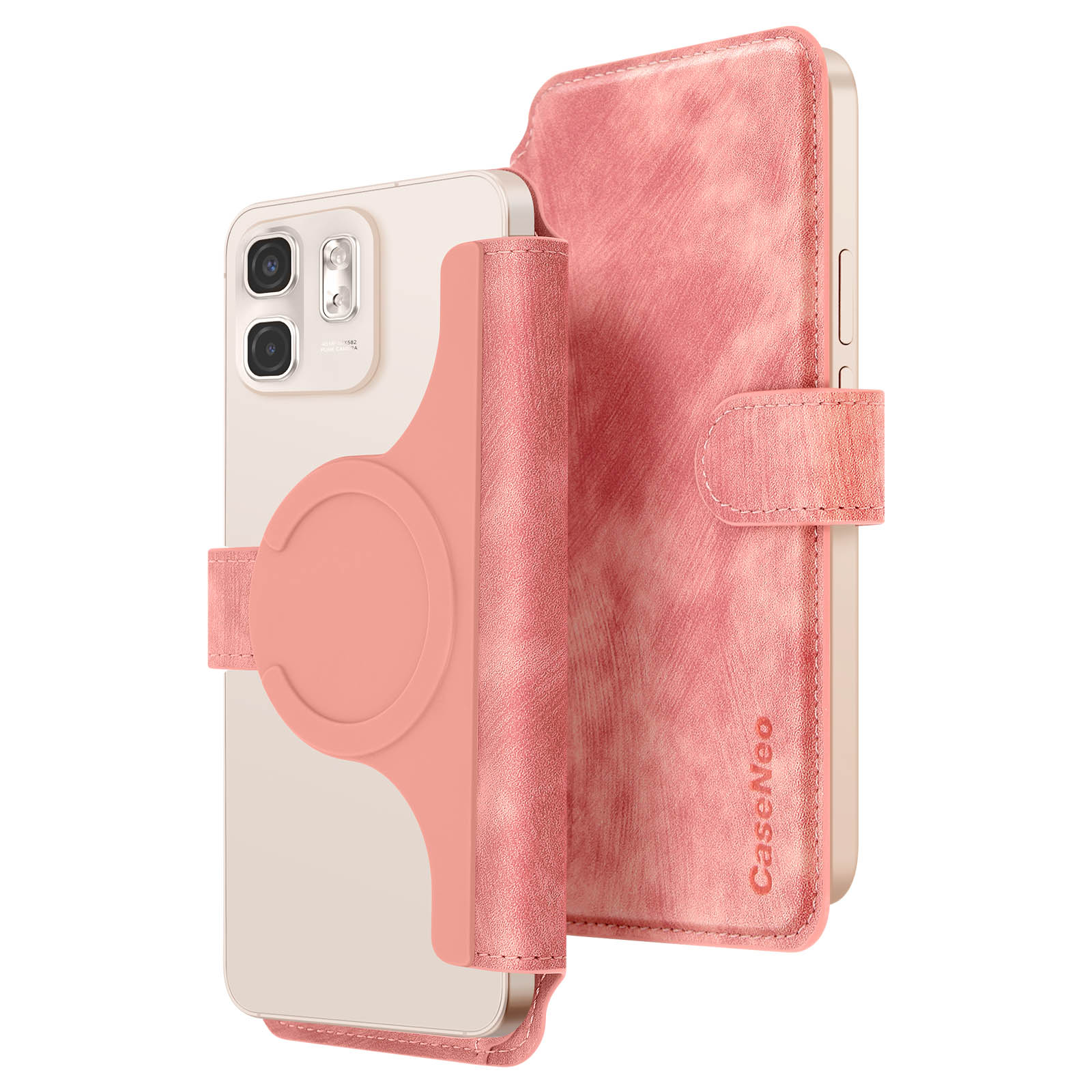 Custodia rosa aperta che mostra un telefono e un portafoglio in pelle rosa, con il marchio CaseNeo.