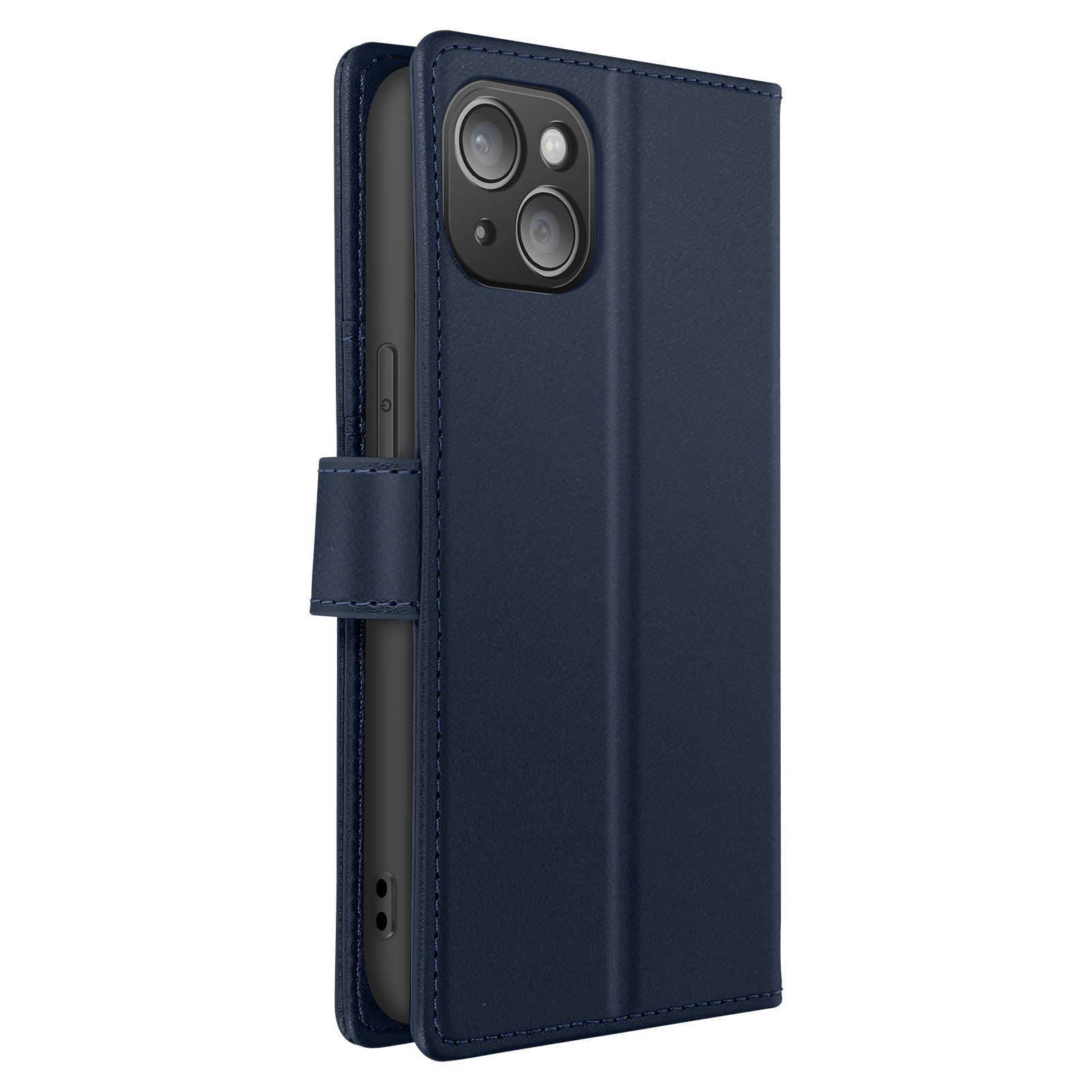 Custodia a portafoglio blu navy, chiusa. Mostra il lato con un pulsante e il telefono all'interno.