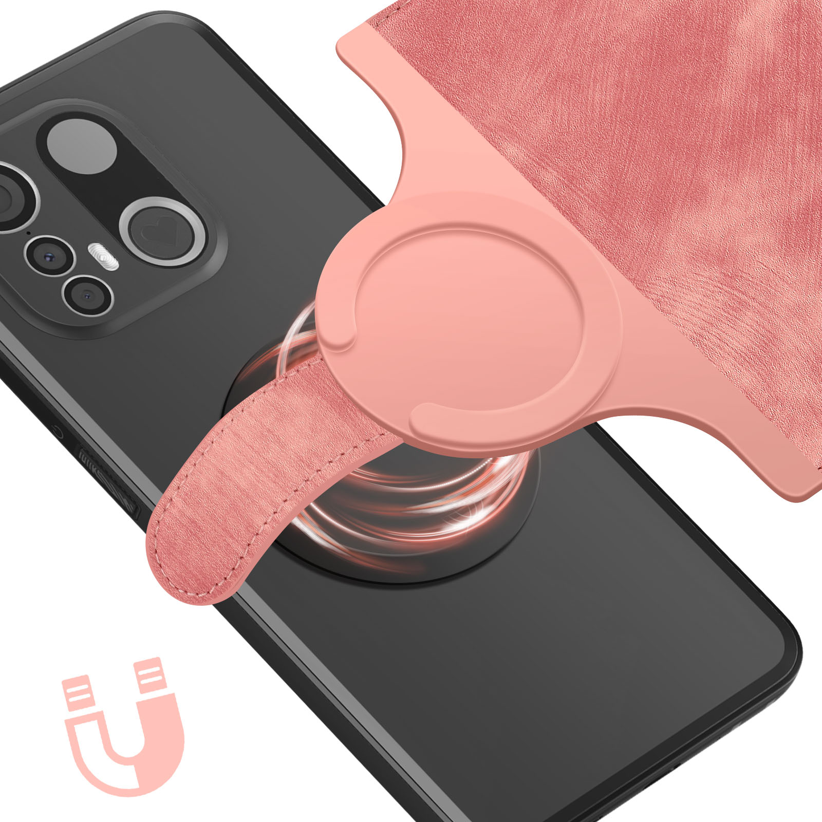 Custodia per telefono con supporto ad anello. Il telefono è nero, il supporto è rosa.