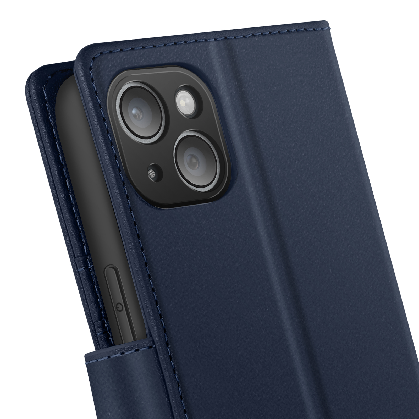 Custodia blu scuro con un telefono dentro. La custodia è chiusa.