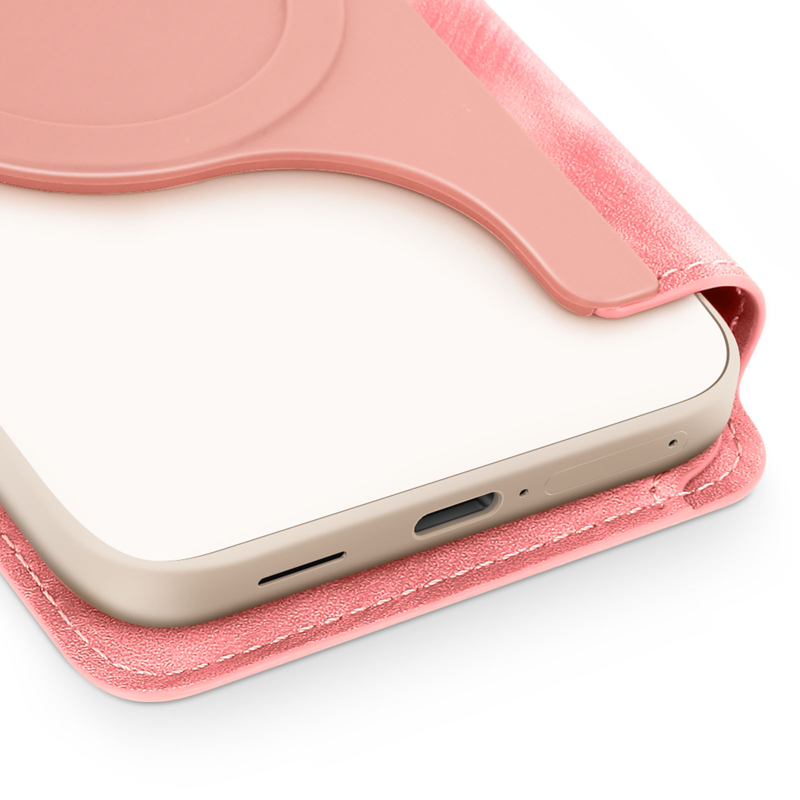 Primo piano del telefono e della custodia rosa. La porta di ricarica del telefono è visibile e la custodia lo avvolge.