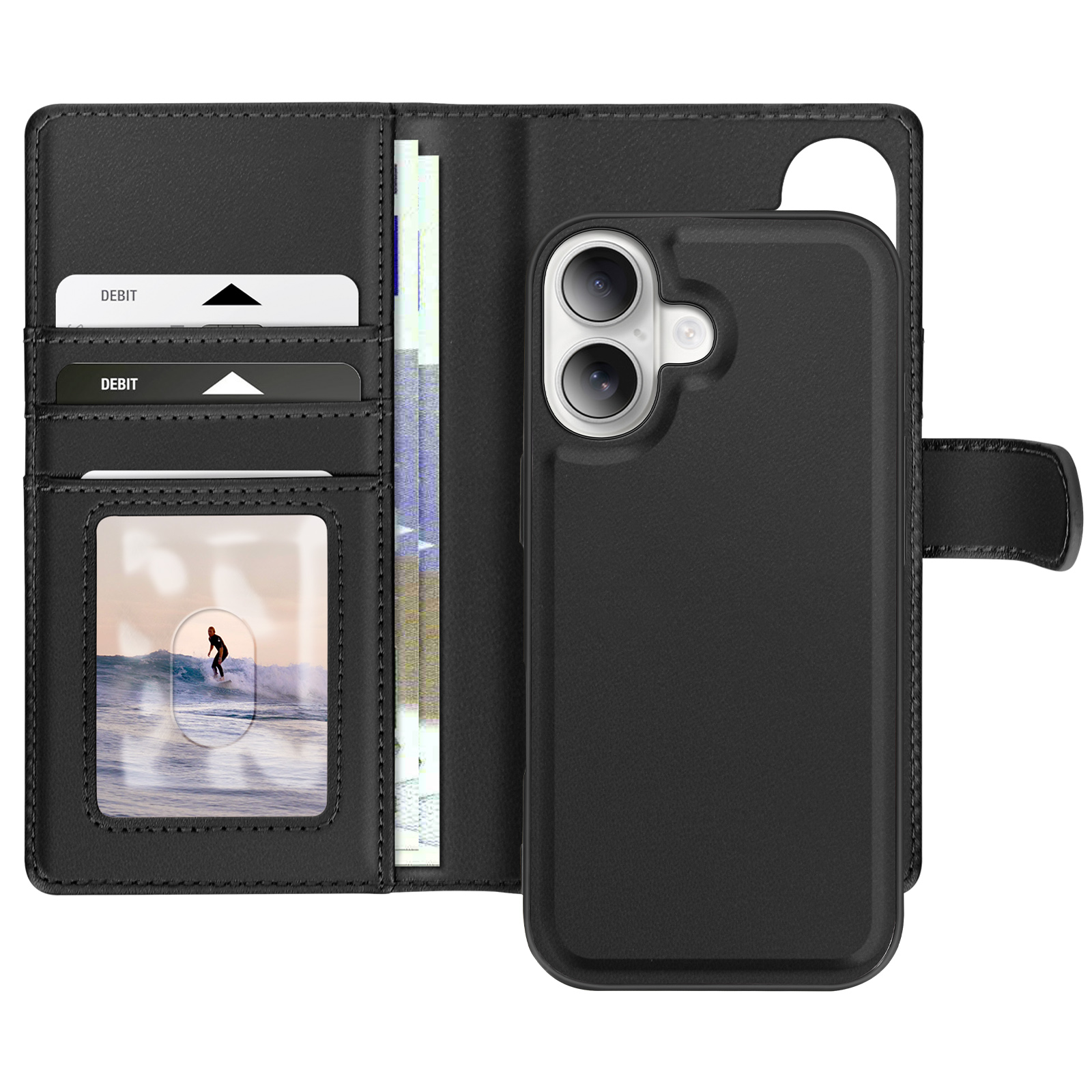 Custodia nera con carte, contanti e foto di un surfista. Telefono a destra.
