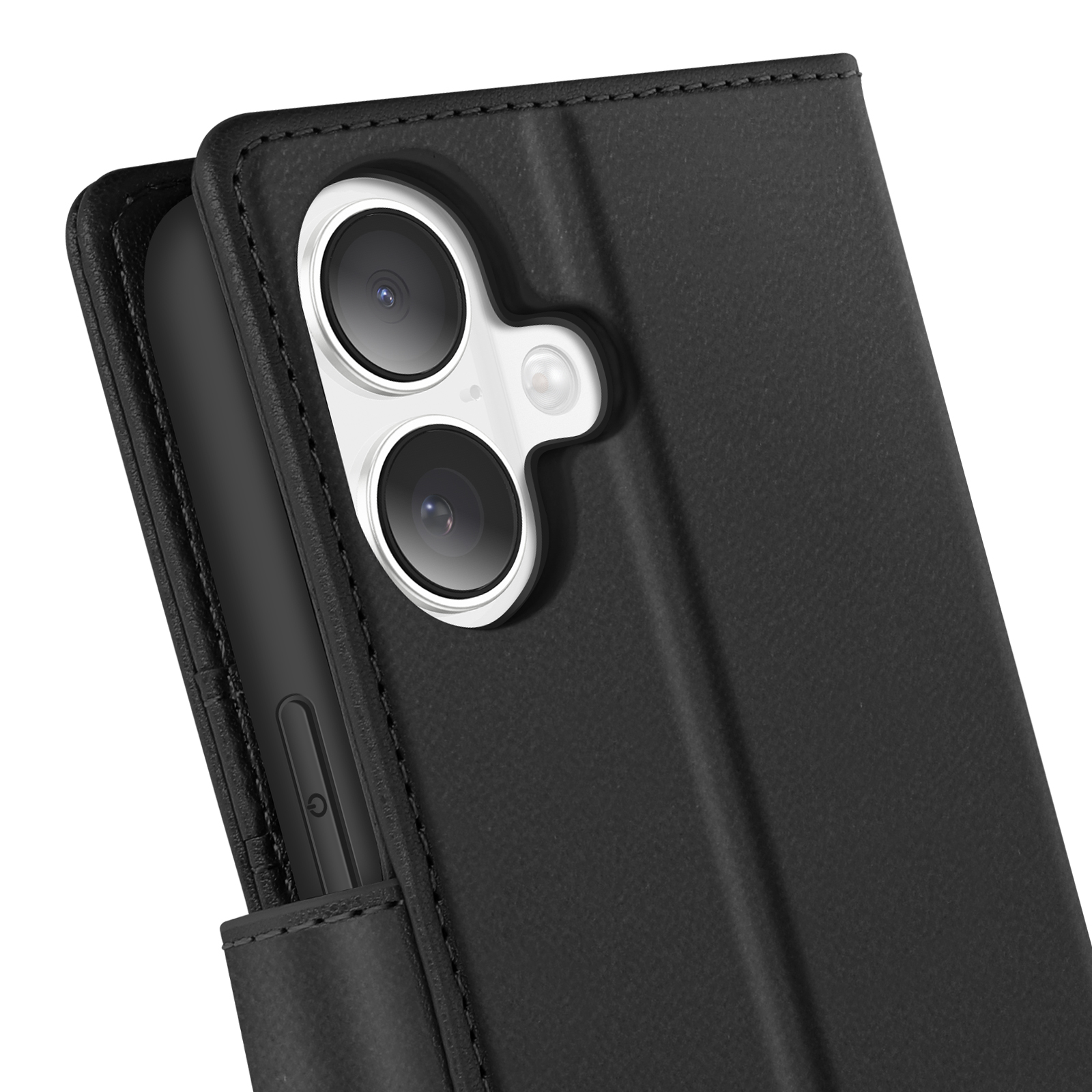 Primo piano di una custodia nera che mostra le lenti della fotocamera. Telefono all'interno.