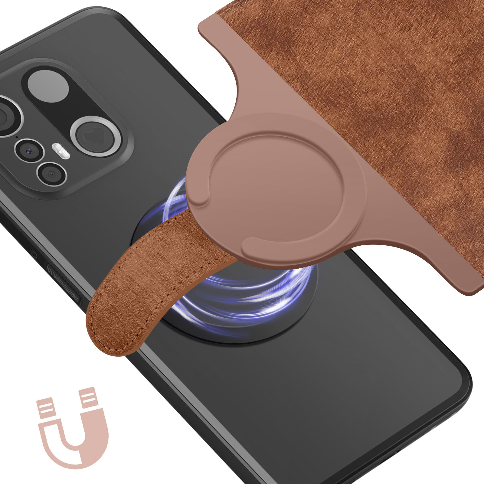 Primo piano di un telefono con un supporto ad anello in pelle marrone attaccato al retro. Il telefono è in una custodia.