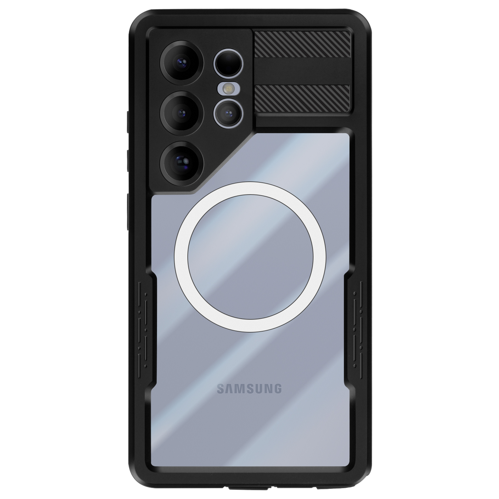 Custodia nera con telefono, fotocamera e logo SAMSUNG visibili.