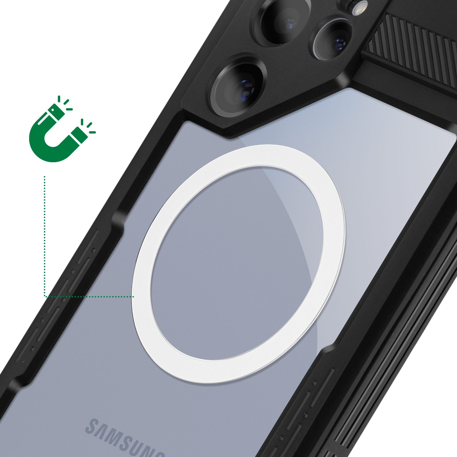 Custodia nera per telefono con anello magnetico bianco sul retro e icona magnete verde.